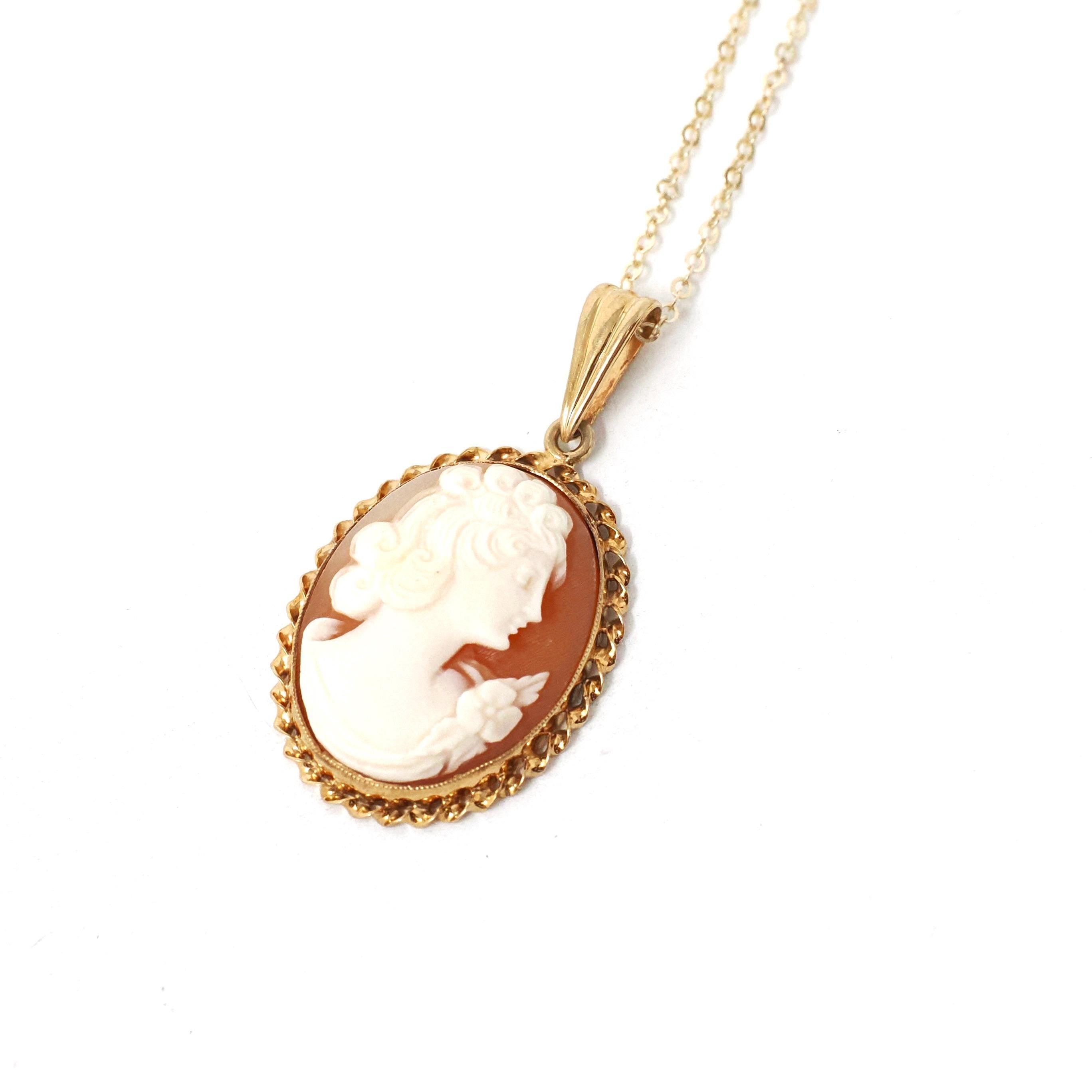 Vintage Cameo Necklace - Retro 10k Yellow Gold Oval Carved Shell Woman's Profile Pendant - Circa 1940s Era Statement Fine BDA 40s Jewelry