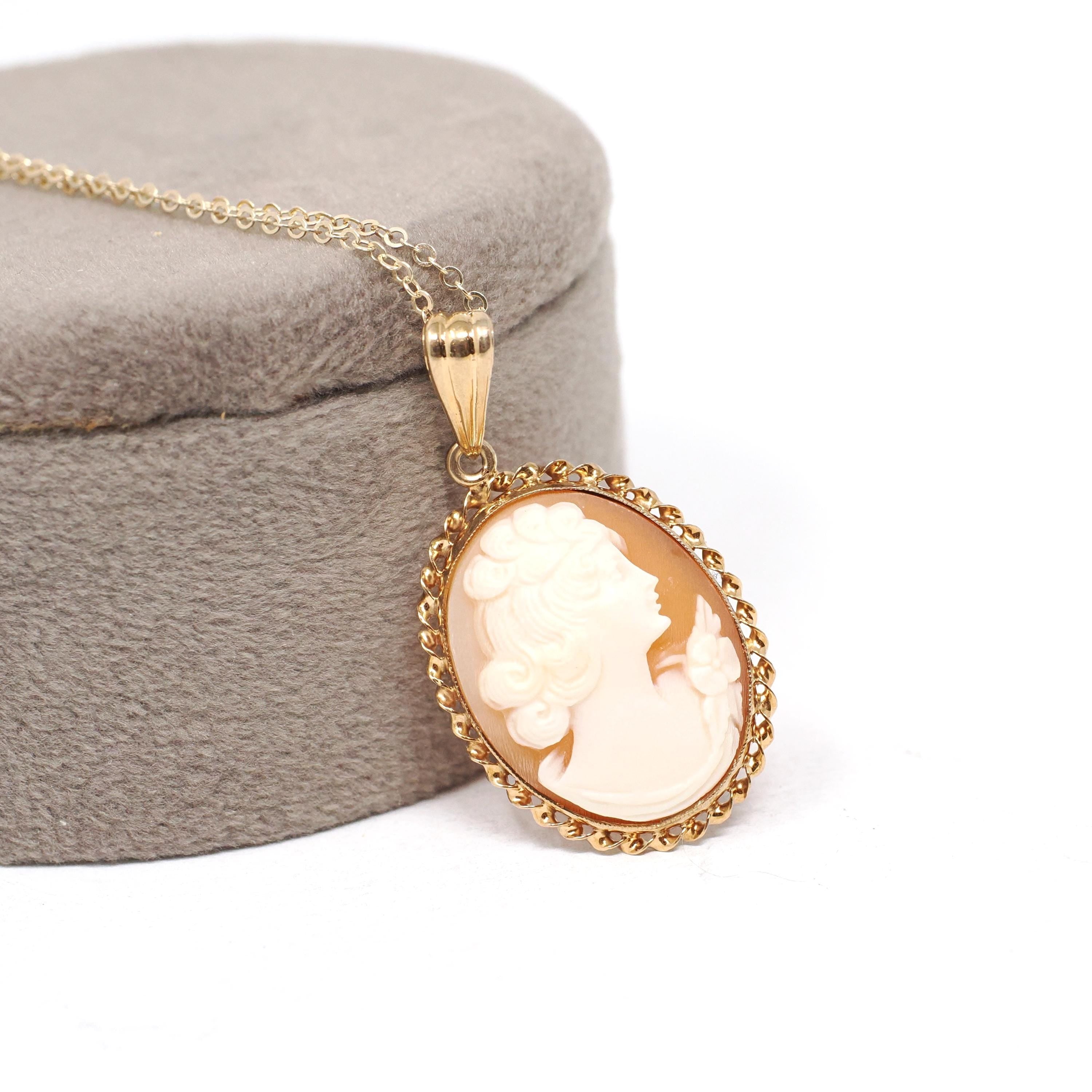 Vintage Cameo Necklace - Retro 10k Yellow Gold Oval Carved Shell Woman's Profile Pendant - Circa 1940s Era Statement Fine BDA 40s Jewelry