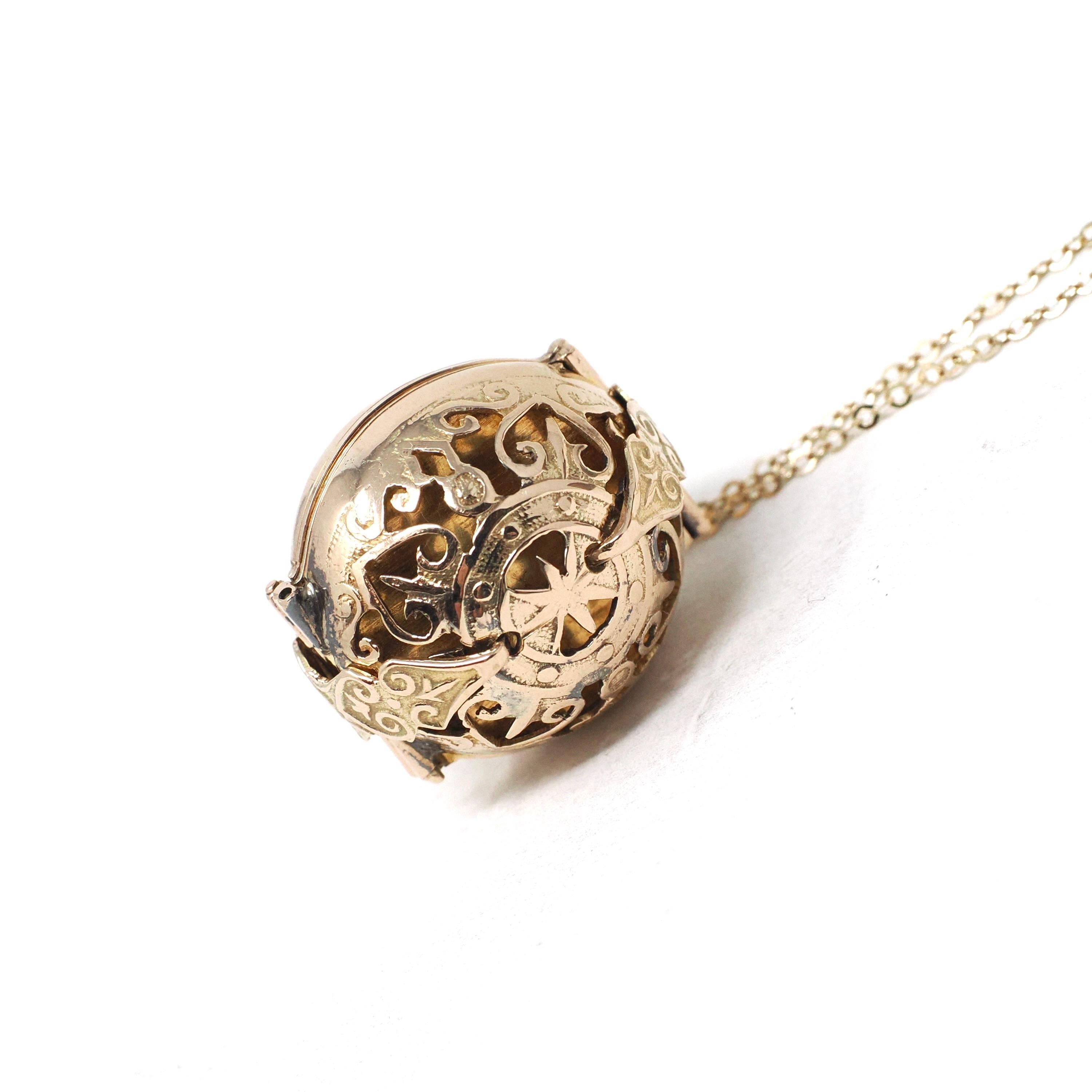 Vintage Folding Locket - 14k Yellow Gold Six Photos Pendant Ornate Ball Globe Fob - Victorian Style Hinged Rare Filigree Unique Fine Jewelry