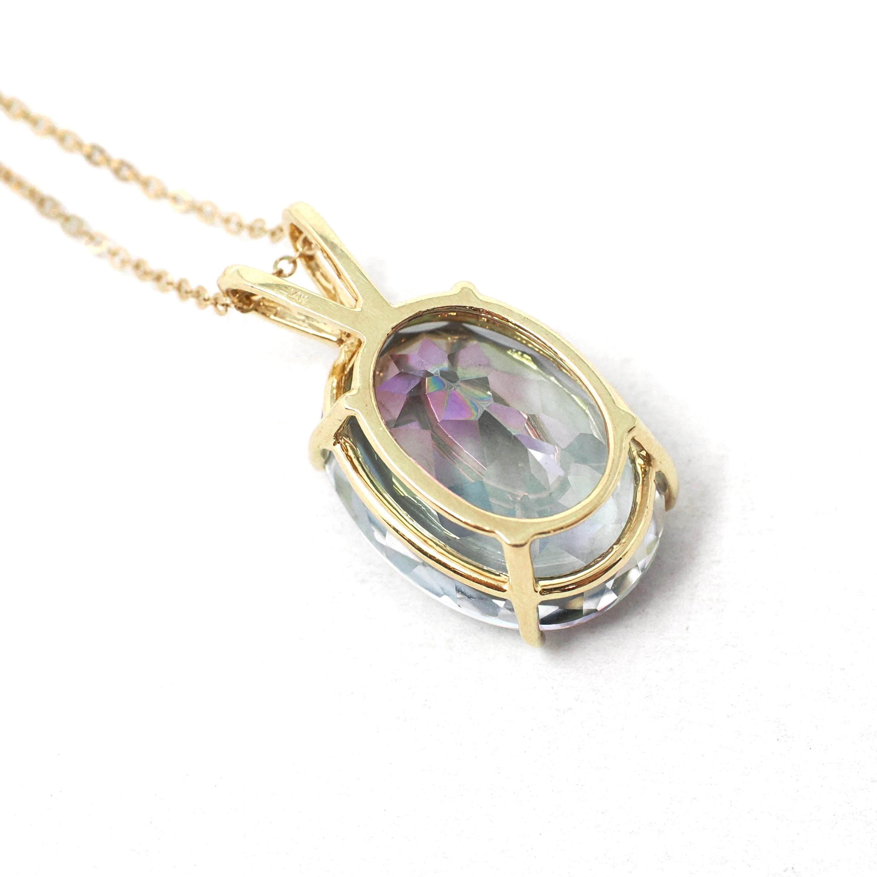 Mystic Topaz Pendant - Estate 14k Yellow Gold Oval Faceted 22.72 CT Rainbow Gem - Modern Circa 2000's Era Statement Necklace Fine Jewelry