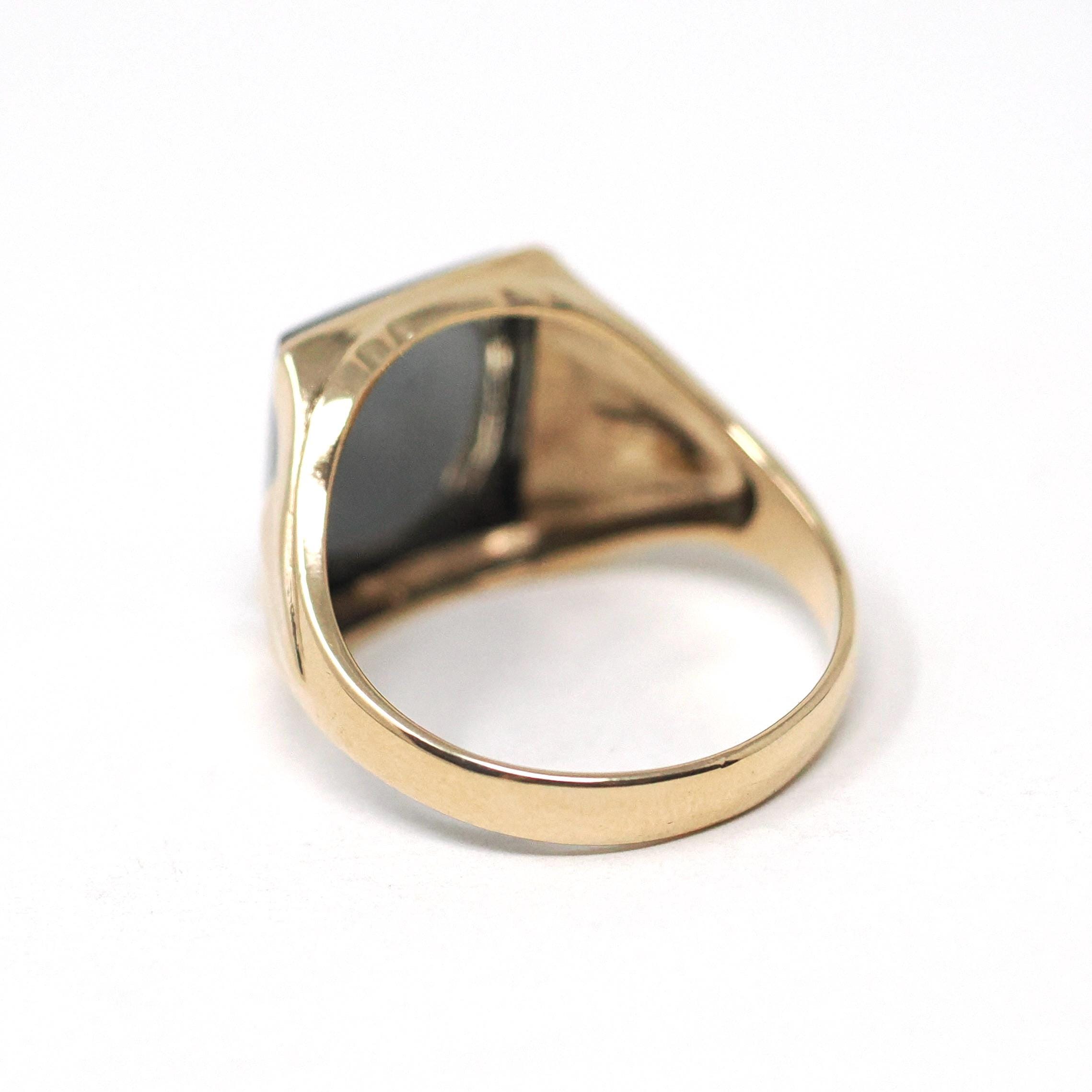 Vintage Hematite Ring - Mid Century 10k Yellow Gold Intaglio Carved Metallic Gray Gem - Circa 1940s Era Size 10 3/4 Statement Fine Jewelry