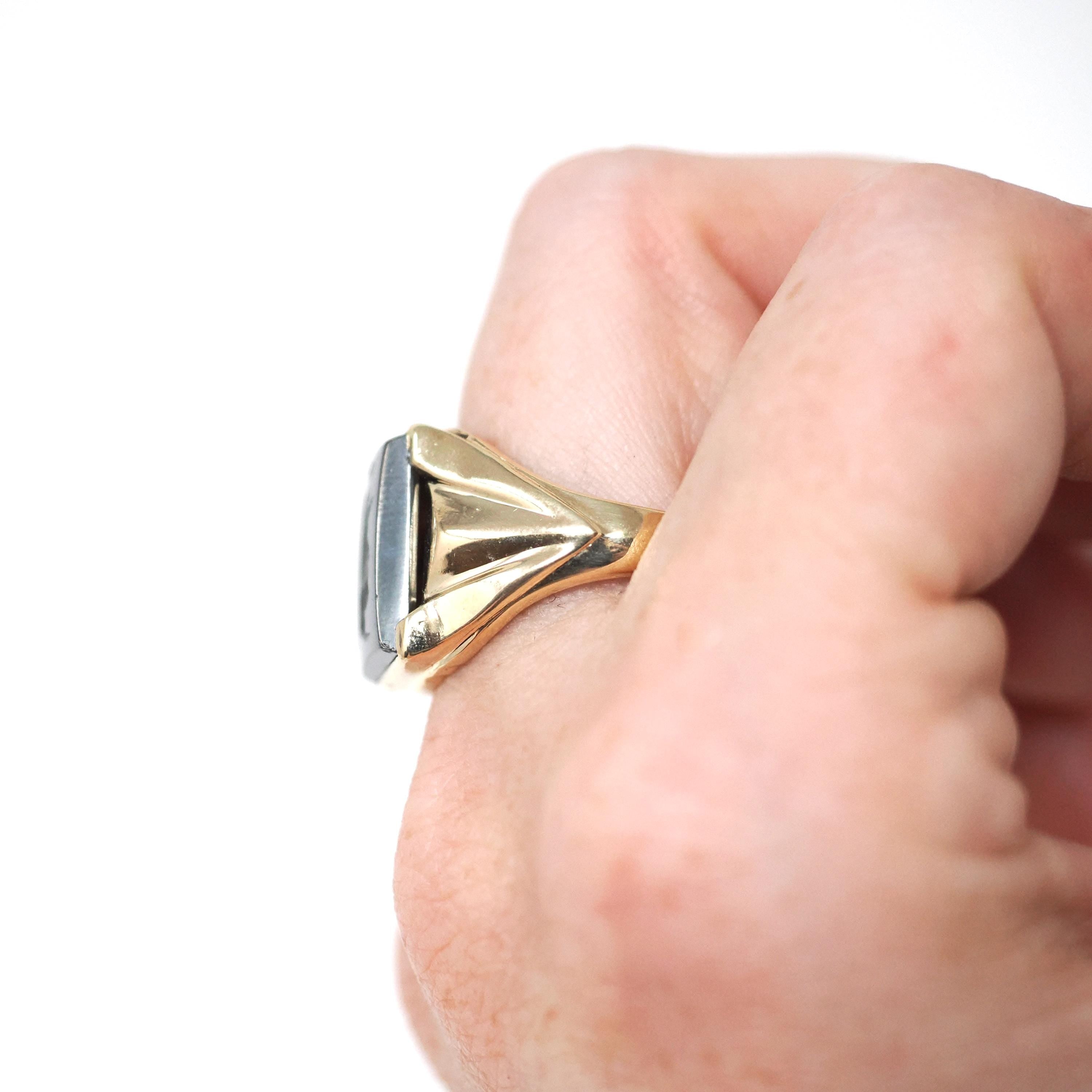 Vintage Hematite Ring - Mid Century 10k Yellow Gold Intaglio Carved Metallic Gray Gem - Circa 1940s Era Size 10 3/4 Statement Fine Jewelry