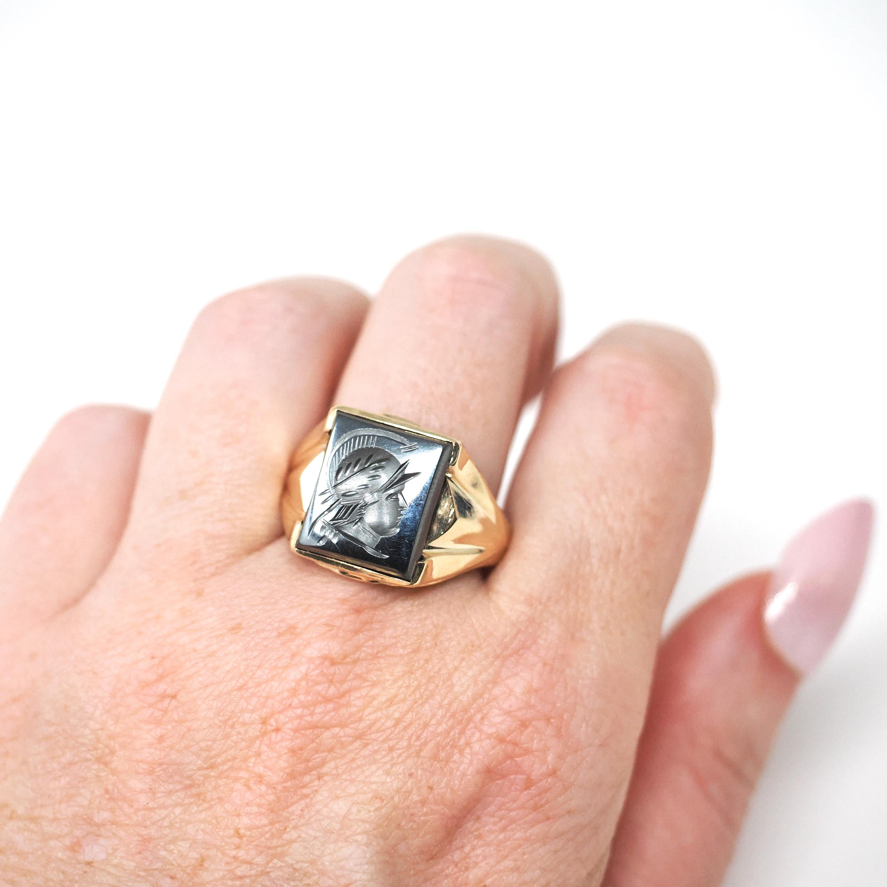 Vintage Hematite Ring - Mid Century 10k Yellow Gold Intaglio Carved Metallic Gray Gem - Circa 1940s Era Size 10 3/4 Statement Fine Jewelry