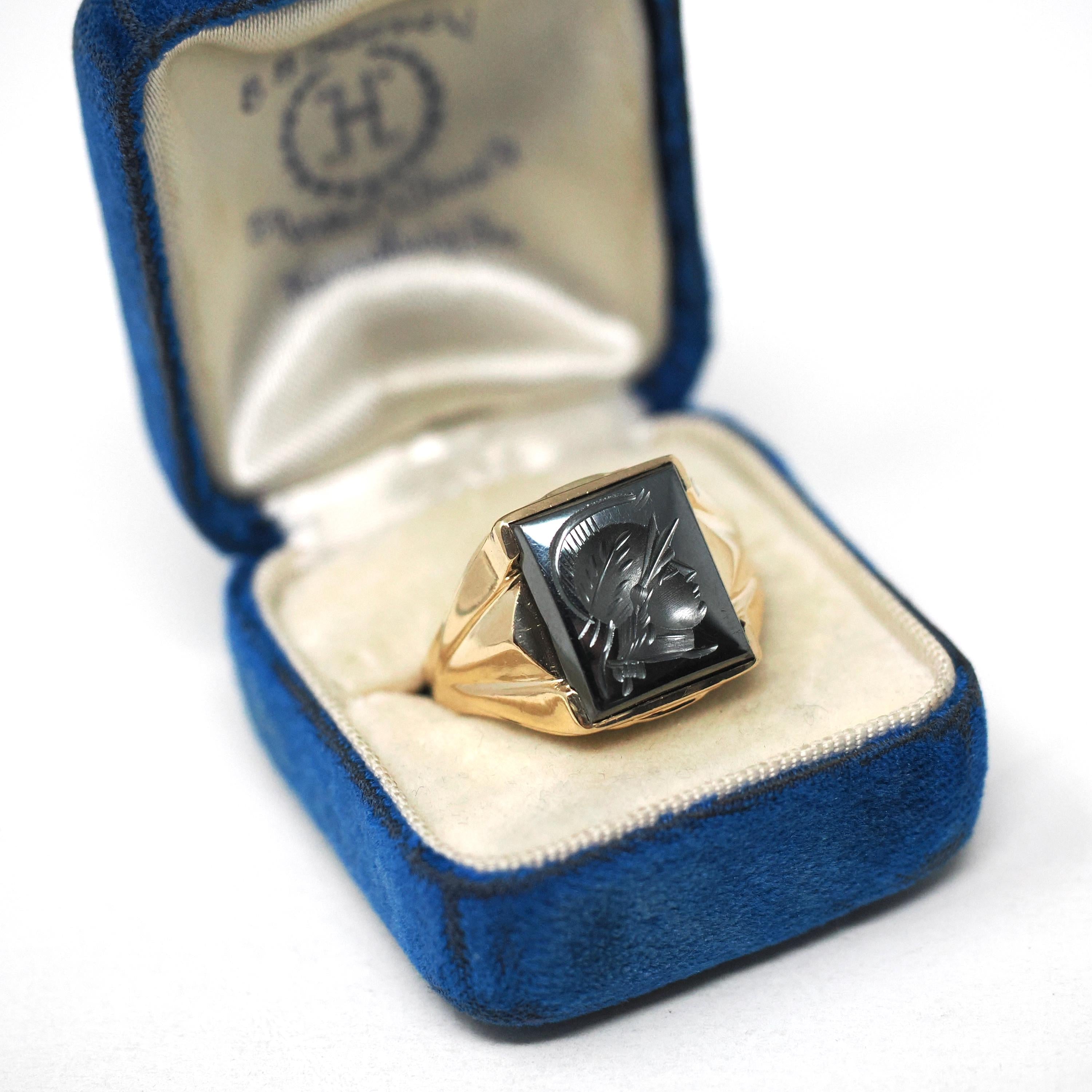 Vintage Hematite Ring - Mid Century 10k Yellow Gold Intaglio Carved Metallic Gray Gem - Circa 1940s Era Size 10 3/4 Statement Fine Jewelry