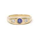 Tanzanite & Diamond Ring - Modern 14k Yellow Gold Three Stone Gem Band - Estate Circa 2000's Era Size 6 3/4 Purple Flush Set Fine Jewelry