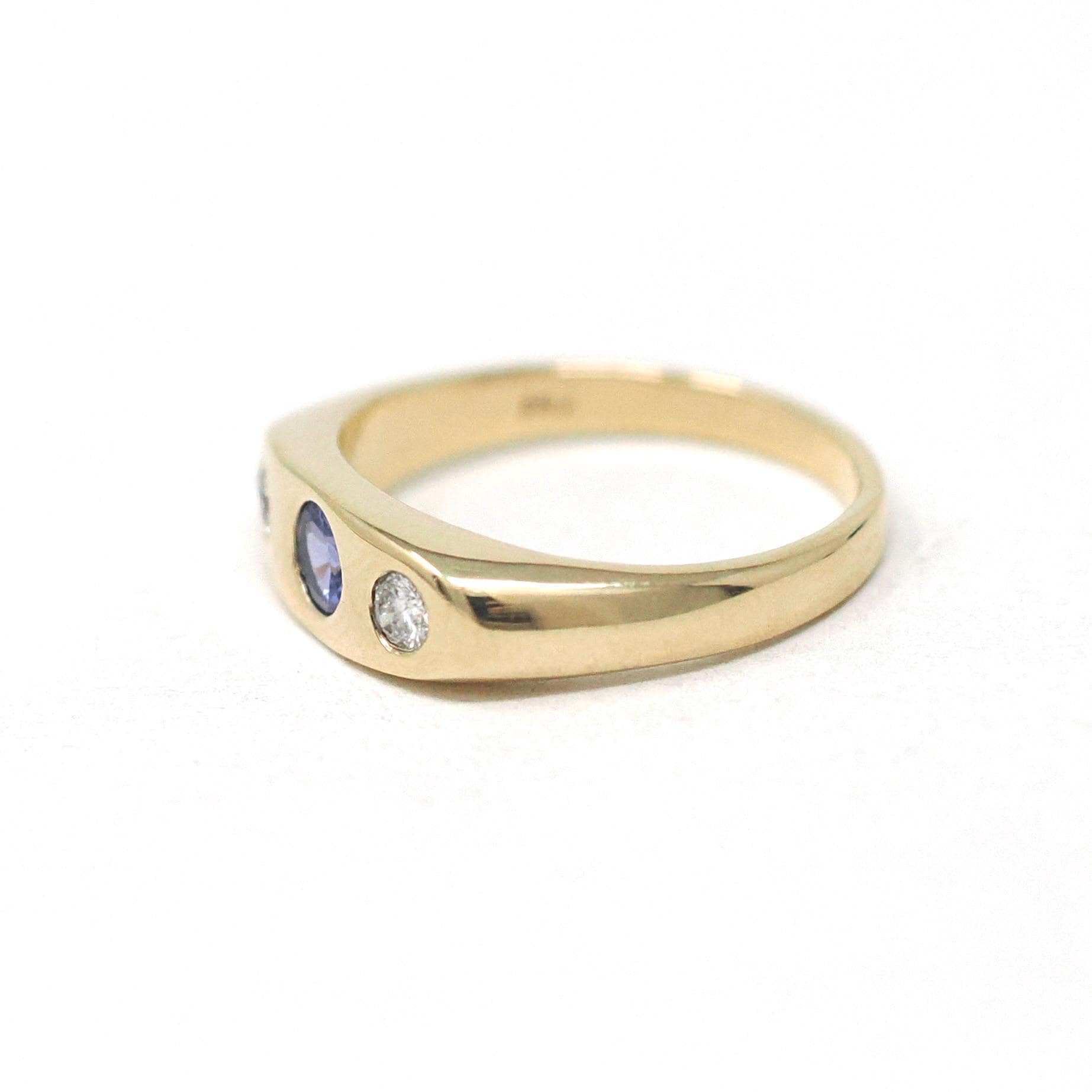 Tanzanite & Diamond Ring - Modern 14k Yellow Gold Three Stone Gem Band - Estate Circa 2000's Era Size 6 3/4 Purple Flush Set Fine Jewelry