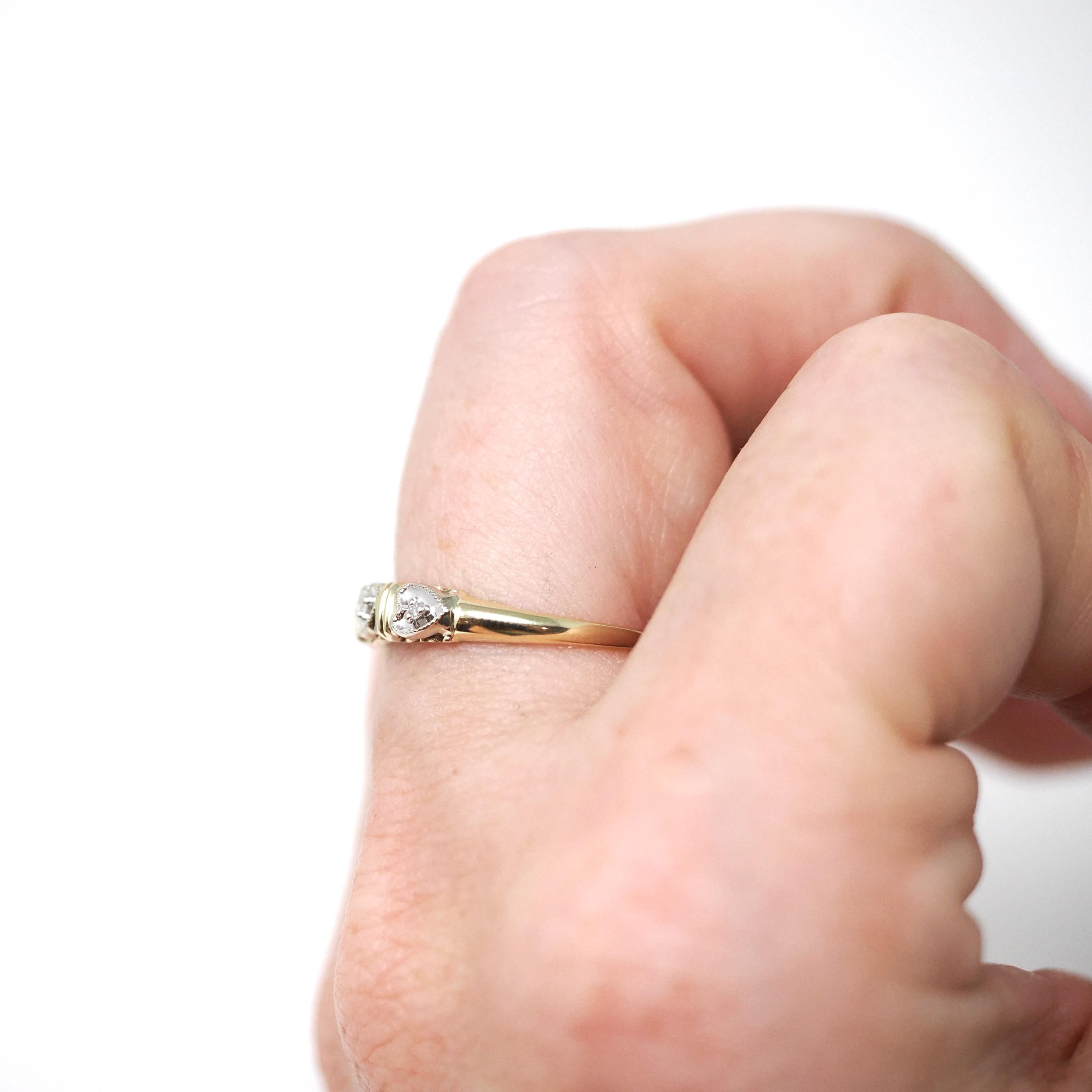 Heart Wedding Band - Estate 14k Yellow & White Gold Natural Diamond Accent - Circa 1940s Era Size 6 Bridal Two Tone Sweet Love Fine Jewelry