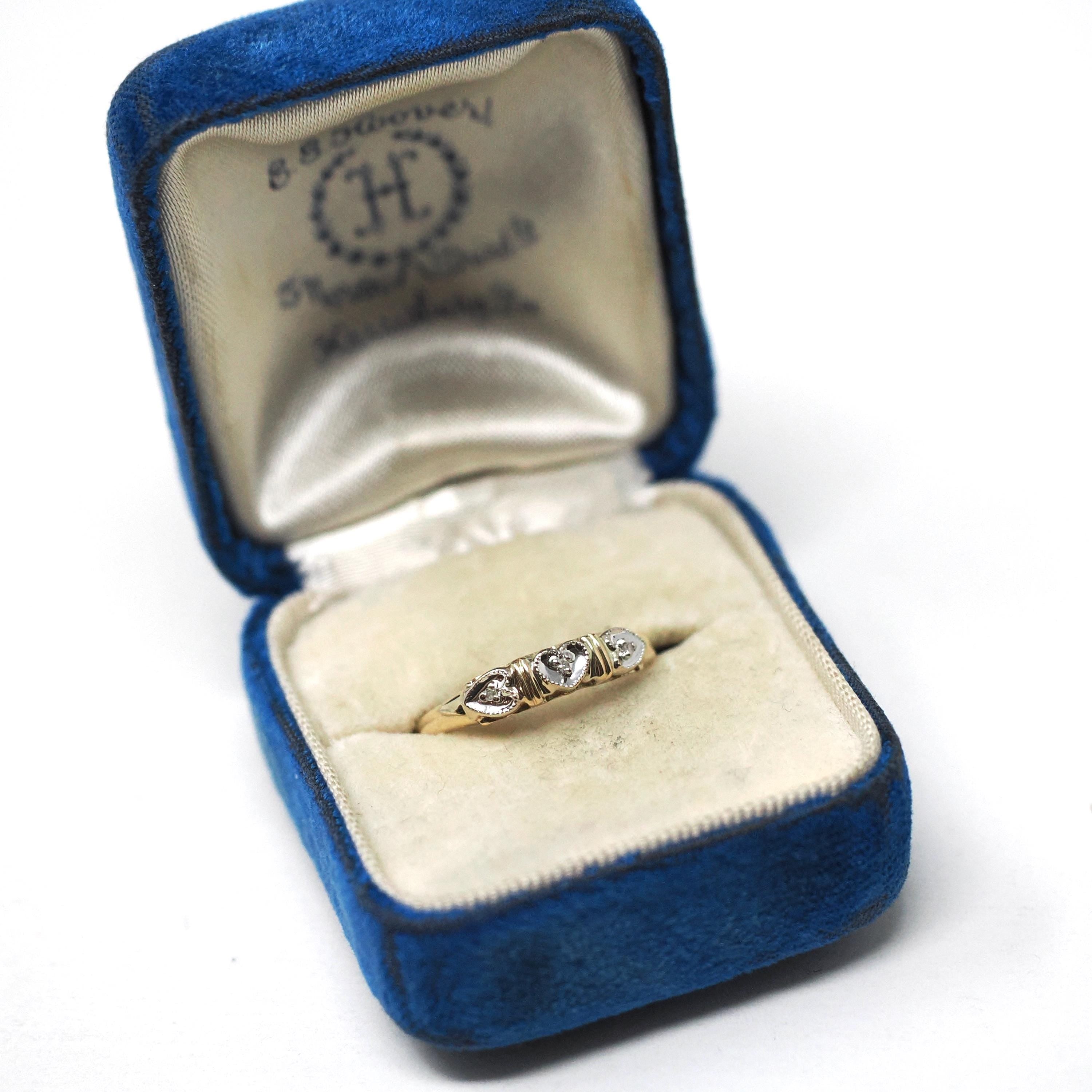 Heart Wedding Band - Estate 14k Yellow & White Gold Natural Diamond Accent - Circa 1940s Era Size 6 Bridal Two Tone Sweet Love Fine Jewelry