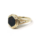 Antique Bloodstone Ring - Vintage 10k Yellow Gold Hexagonal Heliotrope Gem Solitaire - Edwardian Size 4 Key Scroll Open Metal Fine Jewelry