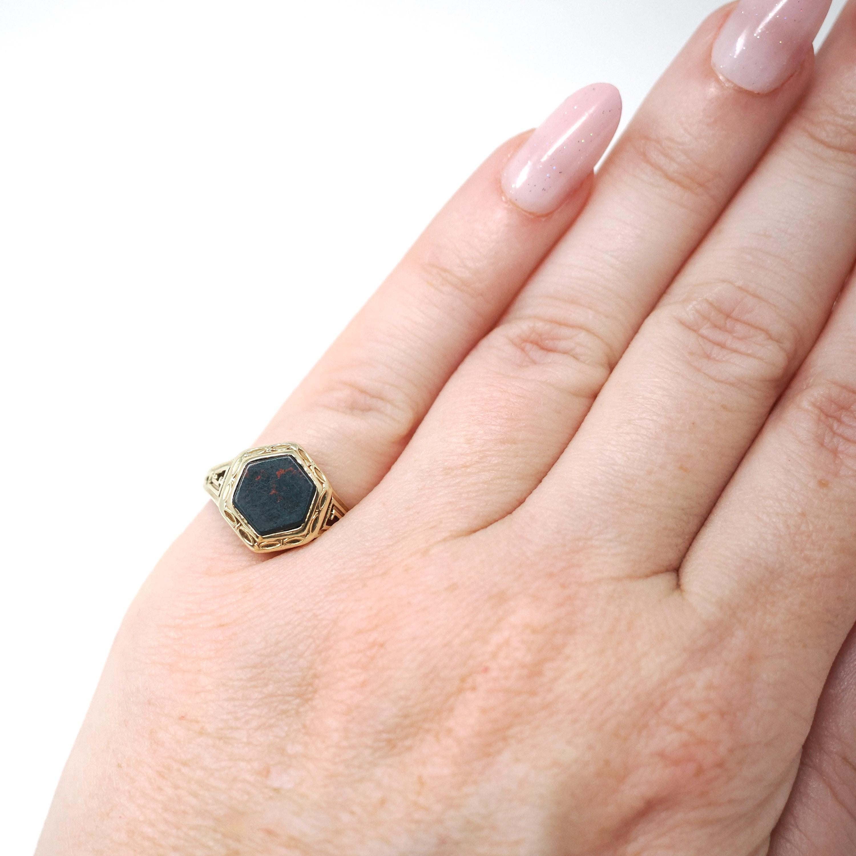 Antique Bloodstone Ring - Vintage 10k Yellow Gold Hexagonal Heliotrope Gem Solitaire - Edwardian Size 4 Key Scroll Open Metal Fine Jewelry