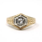 Vintage Diamond Ring - Art Deco 18k Yellow Gold & Silver Hexagonal Unisex .46 CT Engagement - Circa 1930s Bi Tone Size 10 Wheat Fine Jewelry
