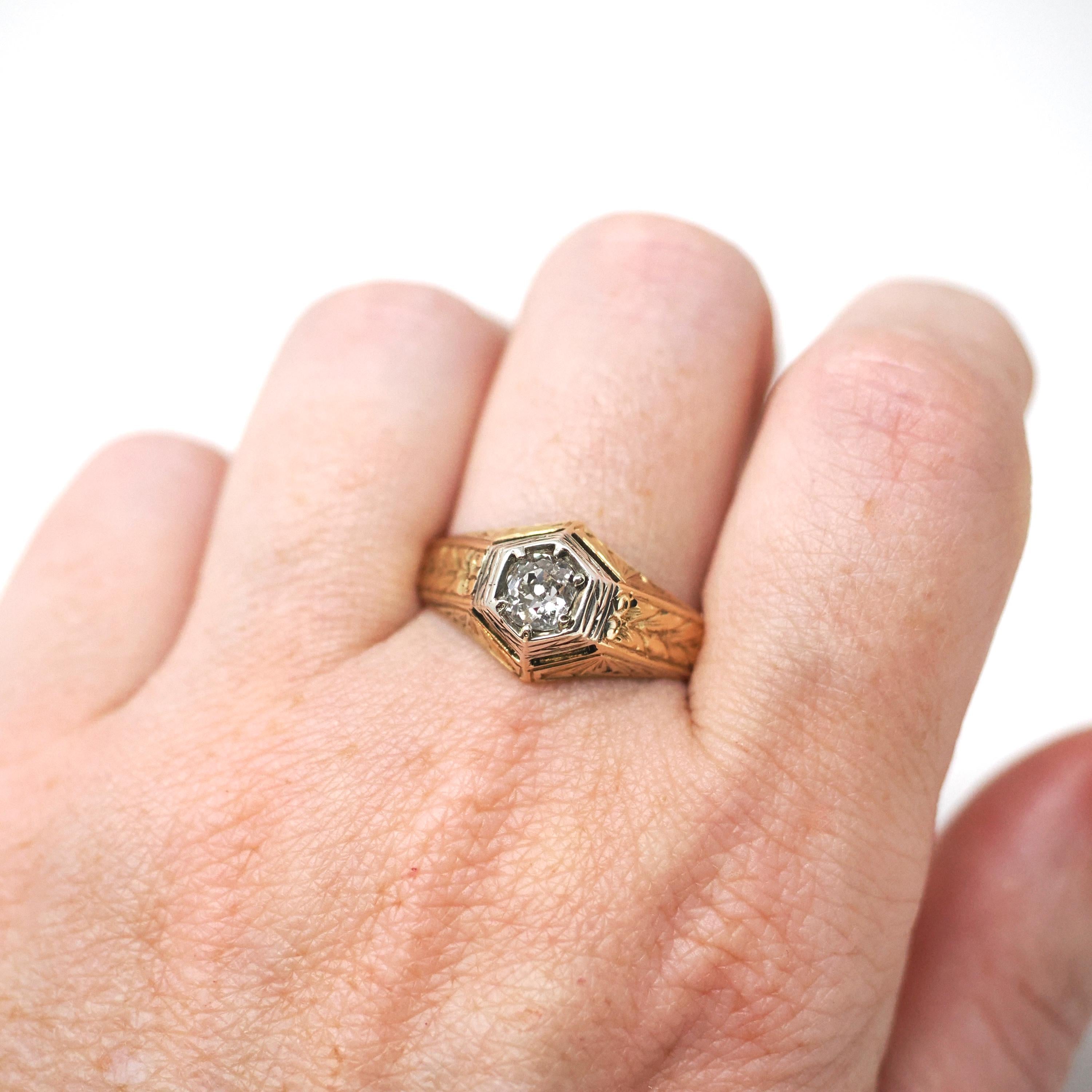 Vintage Diamond Ring - Art Deco 18k Yellow Gold & Silver Hexagonal