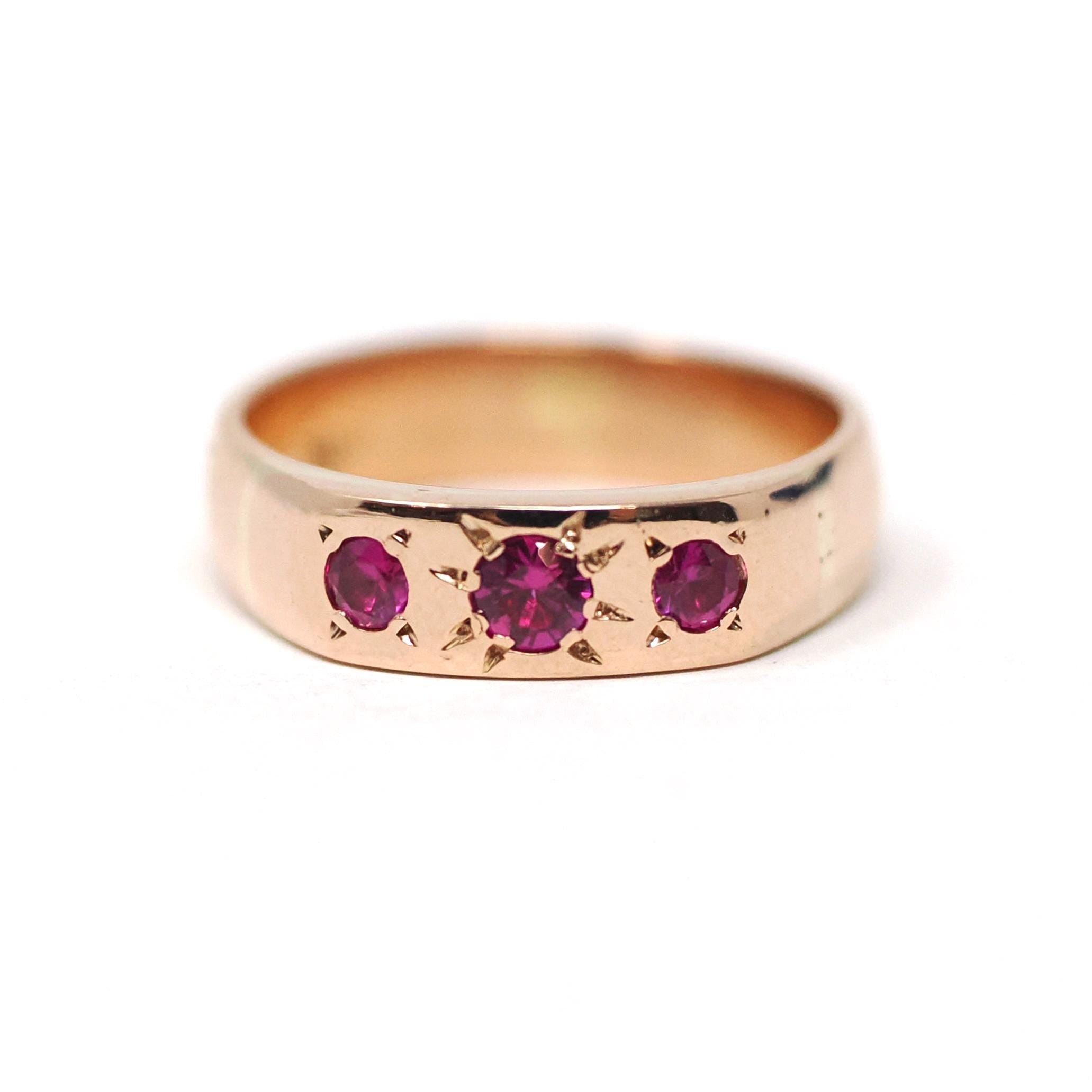 Vintage Three Stone Ring - Mid Century 18k Rose Gold Flush Set Created Ruby Star Incised Statement Band - Circa 1960s Size 5.25 Fine Jewelry