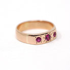 Vintage Three Stone Ring - Mid Century 18k Rose Gold Flush Set Created Ruby Star Incised Statement Band - Circa 1960s Size 5.25 Fine Jewelry