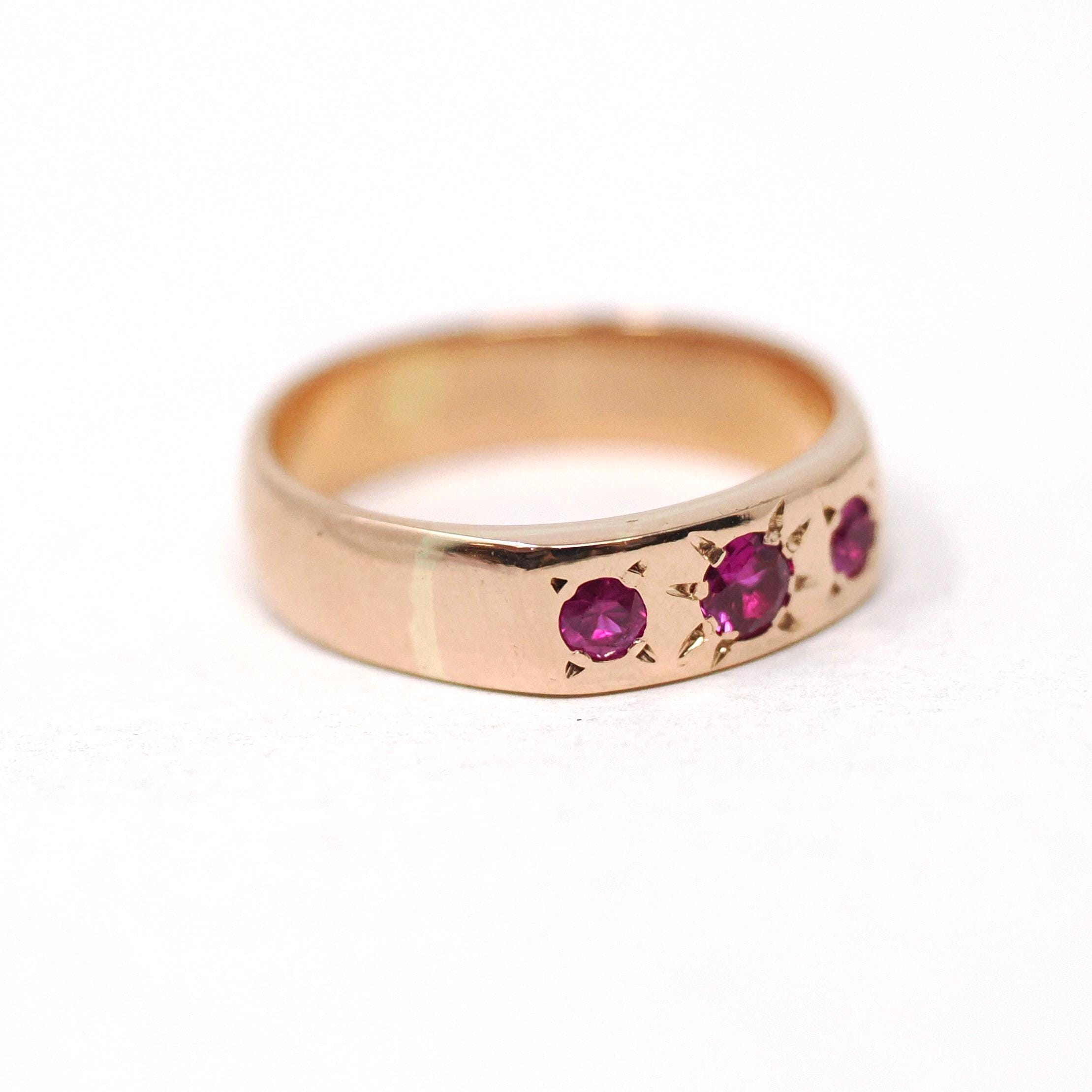 Vintage Three Stone Ring - Mid Century 18k Rose Gold Flush Set Created Ruby Star Incised Statement Band - Circa 1960s Size 5.25 Fine Jewelry