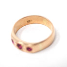 Vintage Three Stone Ring - Mid Century 18k Rose Gold Flush Set Created Ruby Star Incised Statement Band - Circa 1960s Size 5.25 Fine Jewelry