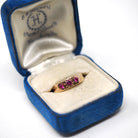 Vintage Three Stone Ring - Mid Century 18k Rose Gold Flush Set Created Ruby Star Incised Statement Band - Circa 1960s Size 5.25 Fine Jewelry