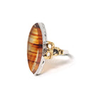 Vintage Banded Agate Ring - Mid Century Sterling Silver & Gold Filled Two Tone Natural Navette Gem - Circa 1940s Era Bows Size 4 3/4 Jewelry