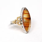 Vintage Banded Agate Ring - Mid Century Sterling Silver & Gold Filled Two Tone Natural Navette Gem - Circa 1940s Era Bows Size 4 3/4 Jewelry