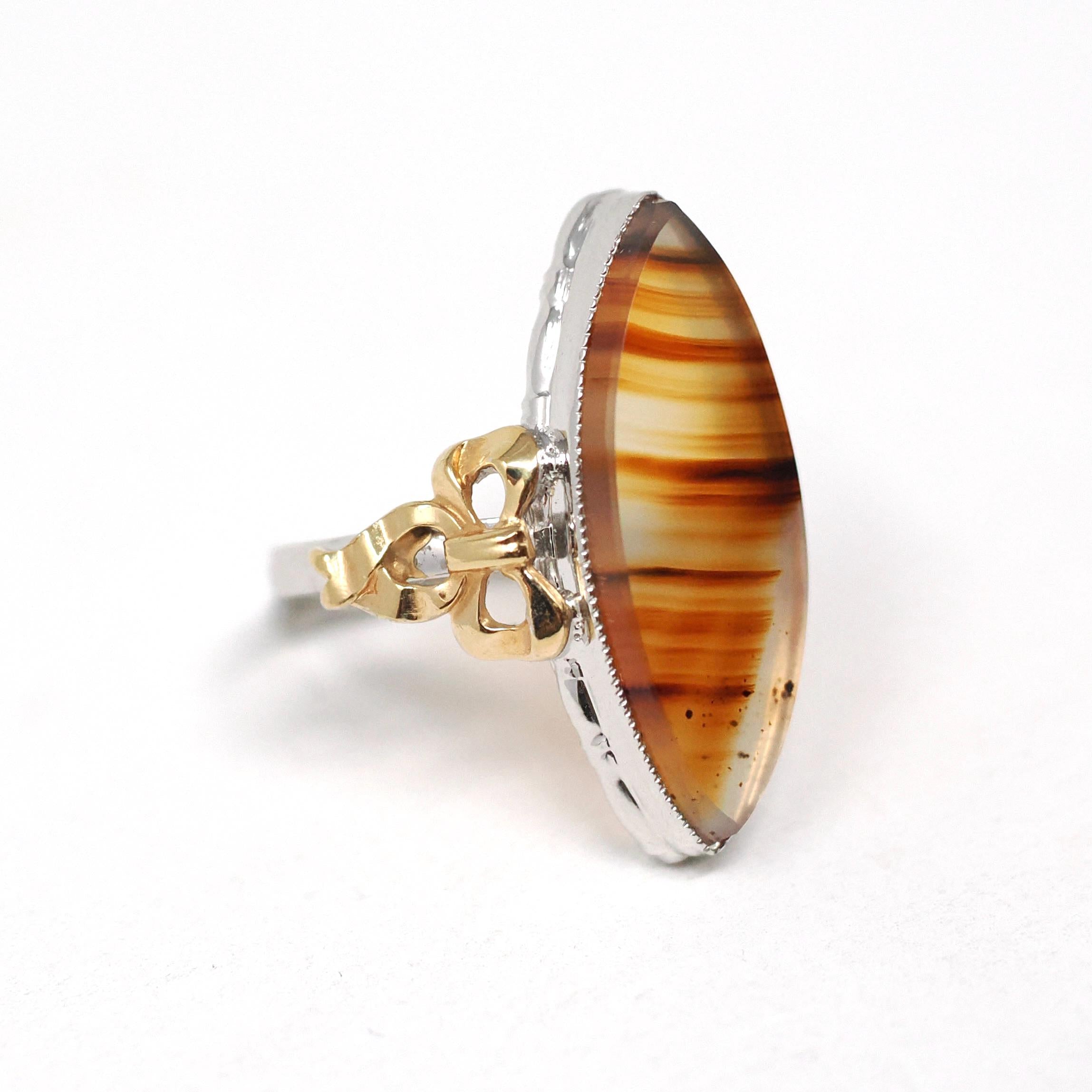 Vintage Banded Agate Ring - Mid Century Sterling Silver & Gold Filled Two Tone Natural Navette Gem - Circa 1940s Era Bows Size 4 3/4 Jewelry