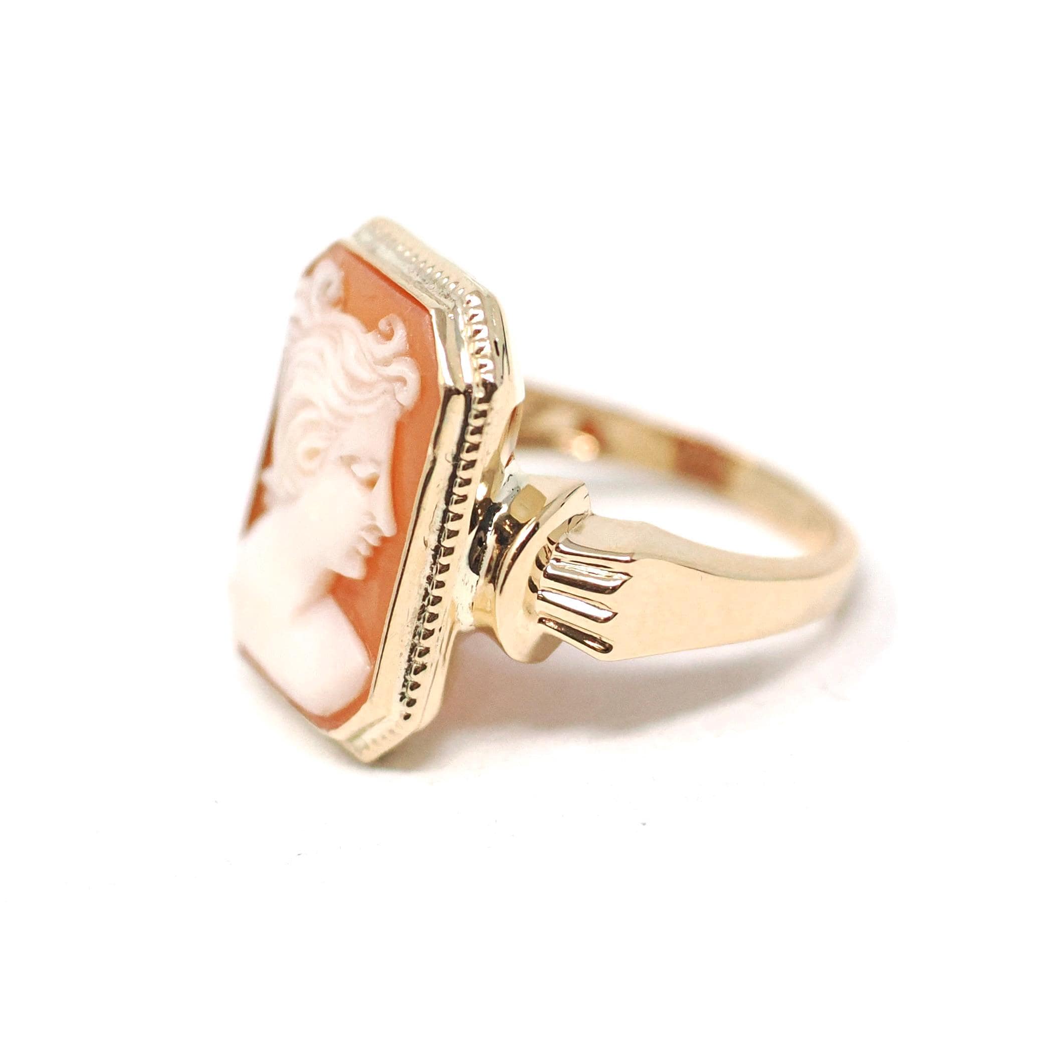 Vintage Cameo Ring - Mid Century 10k Yellow Gold Carved Shell Portrait Statement - Circa 1940s Era Size 6 PSCO Fine Italian Keepsake Jewelry