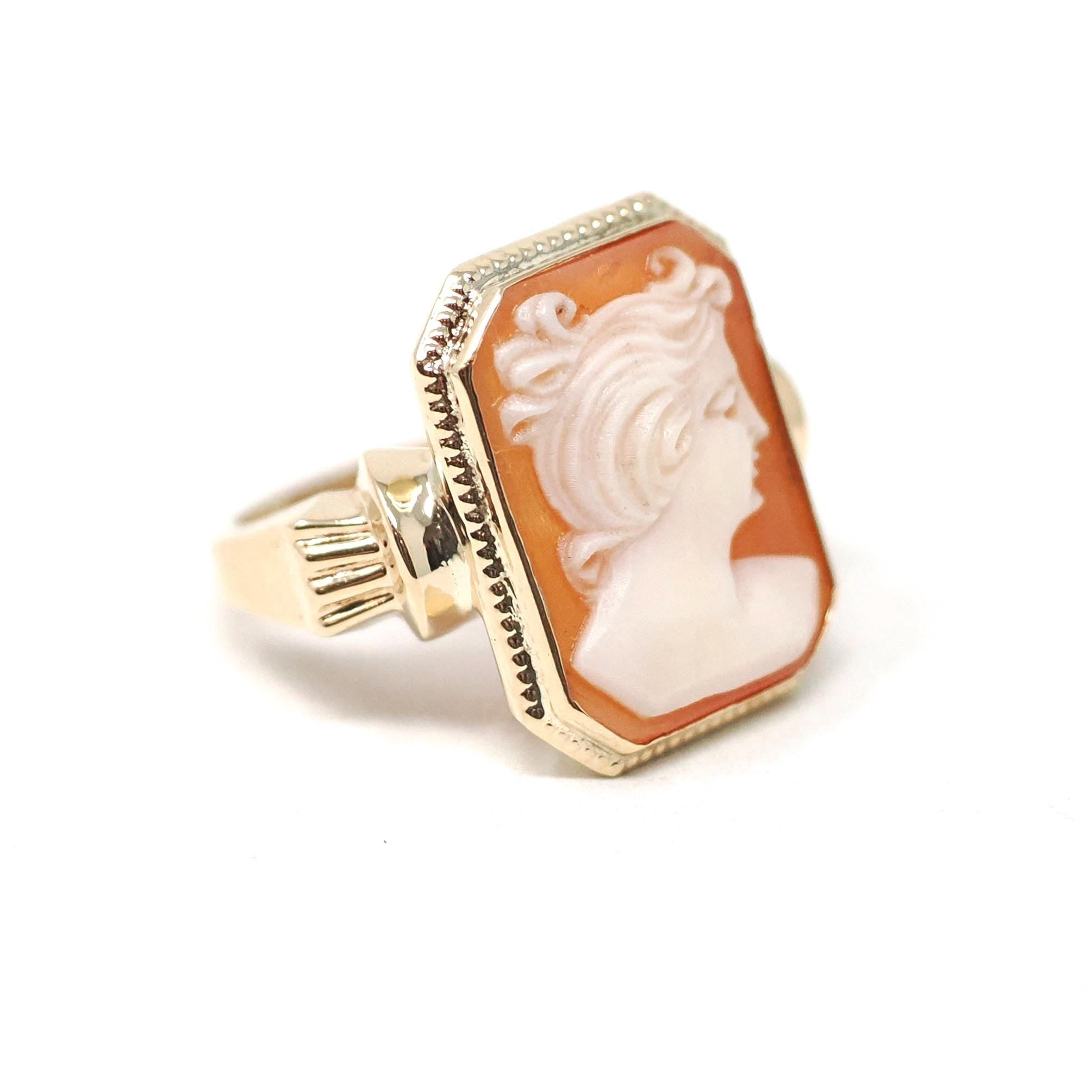 Vintage Cameo Ring - Mid Century 10k Yellow Gold Carved Shell Portrait Statement - Circa 1940s Era Size 6 PSCO Fine Italian Keepsake Jewelry