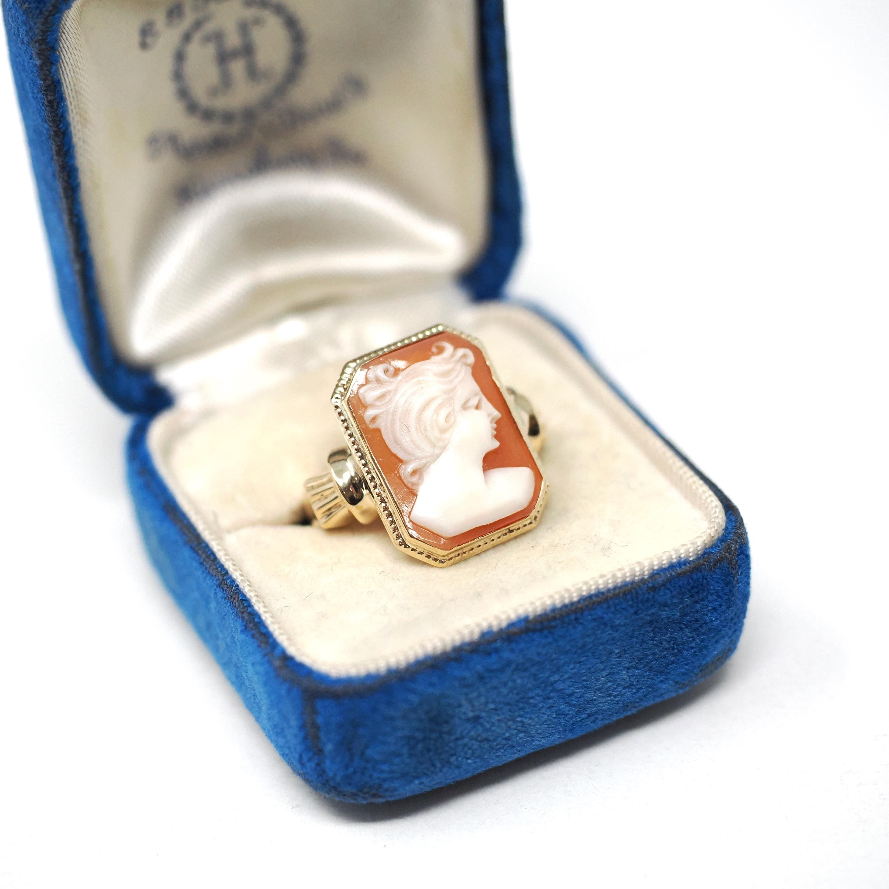 Vintage Cameo Ring - Mid Century 10k Yellow Gold Carved Shell Portrait Statement - Circa 1940s Era Size 6 PSCO Fine Italian Keepsake Jewelry