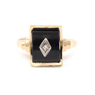 Vintage Onyx Ring - Retro 10k Yellow Gold Black Curved Fancy Cut Gemstone - Circa 1940s Era Size 7.25 Natural Diamond Statement Fine Jewelry