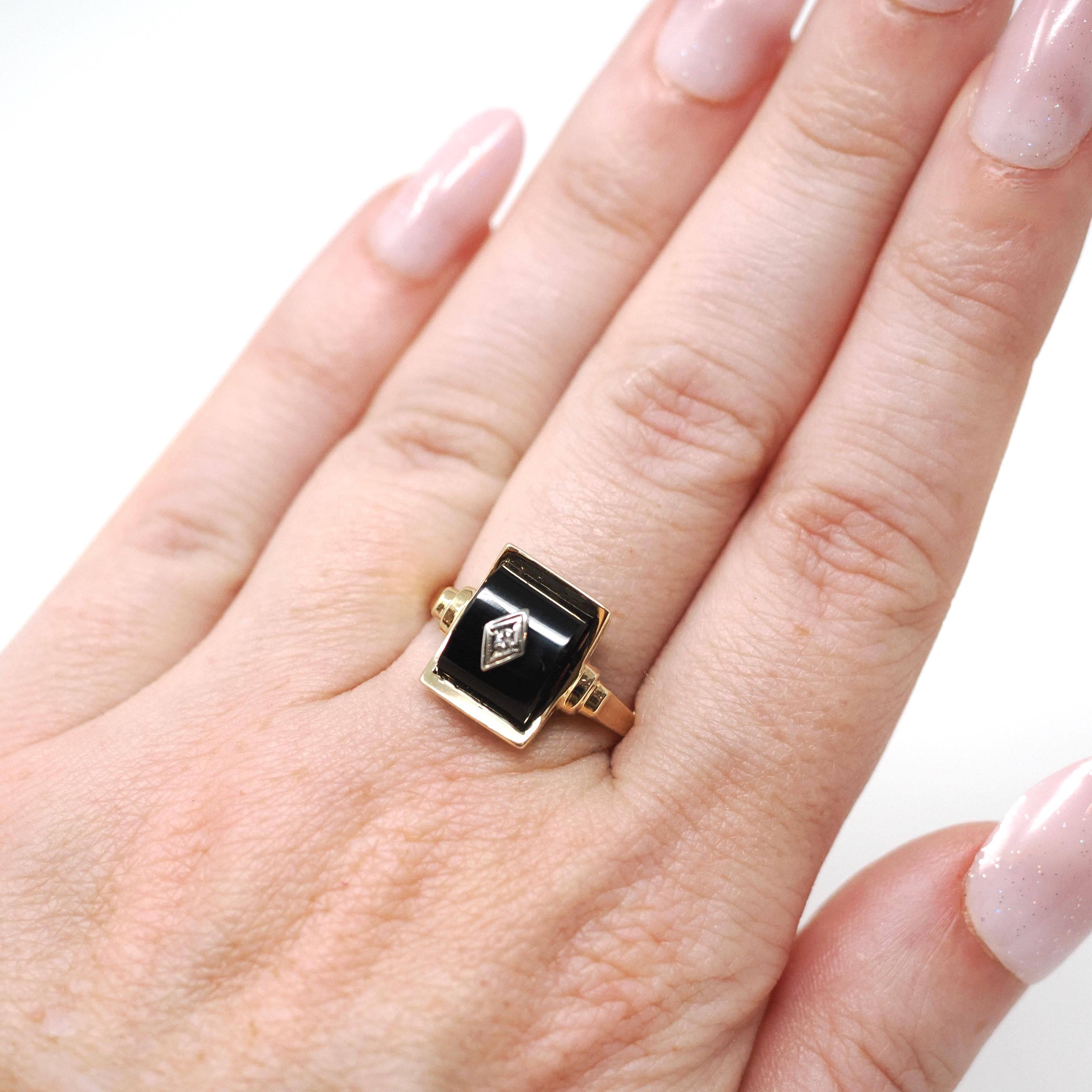 Vintage Onyx Ring - Retro 10k Yellow Gold Black Curved Fancy Cut Gemstone - Circa 1940s Era Size 7.25 Natural Diamond Statement Fine Jewelry