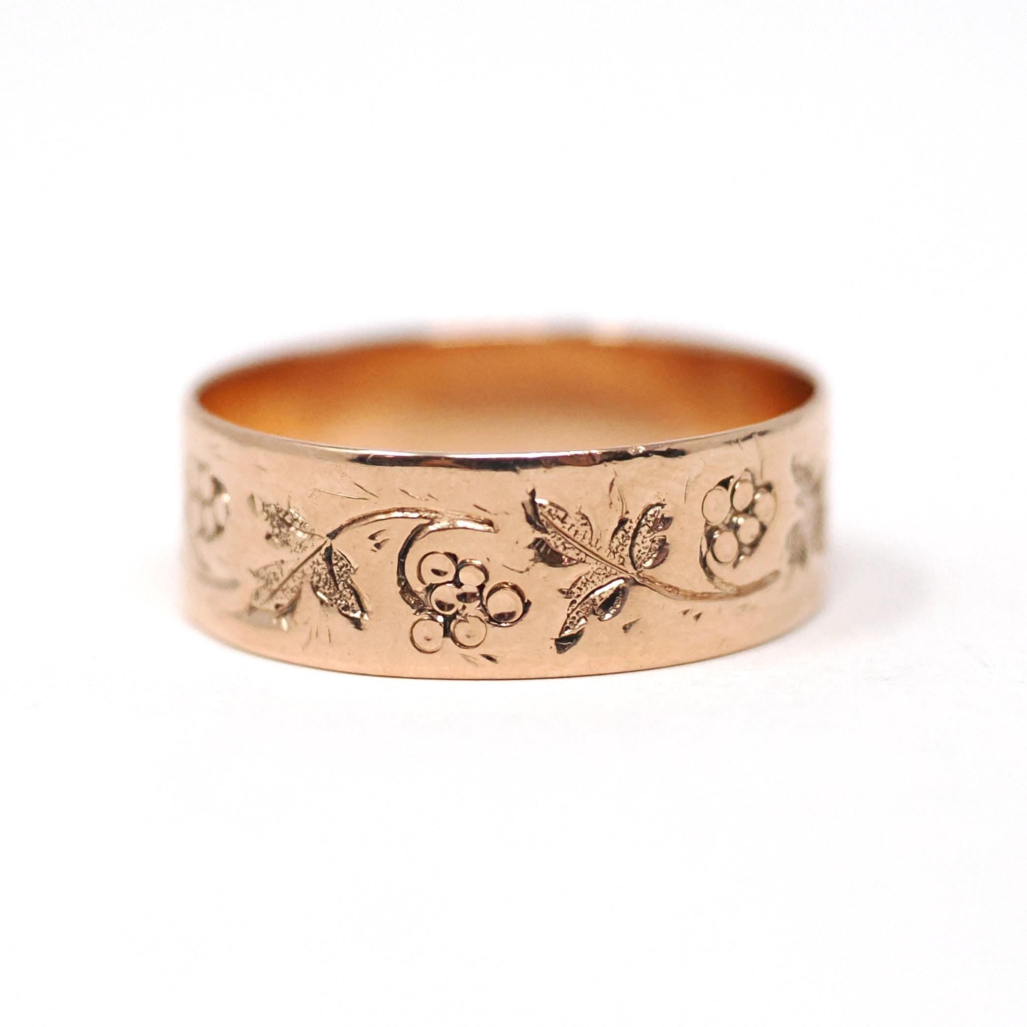 Antique Cigar Band - Edwardian 10k Rose Gold Nature Inspired Grape Leaf Engraved Ring - Circa 1900s Era Size 7 3/4 Fine Initial MLK Jewelry