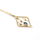 Antique Lavalier Necklace - Edwardian 15k Yellow Gold Natural Dark Blue Oval Aquamarine Gem Pendant - Circa 1910s Seed Pearl Fine Jewelry