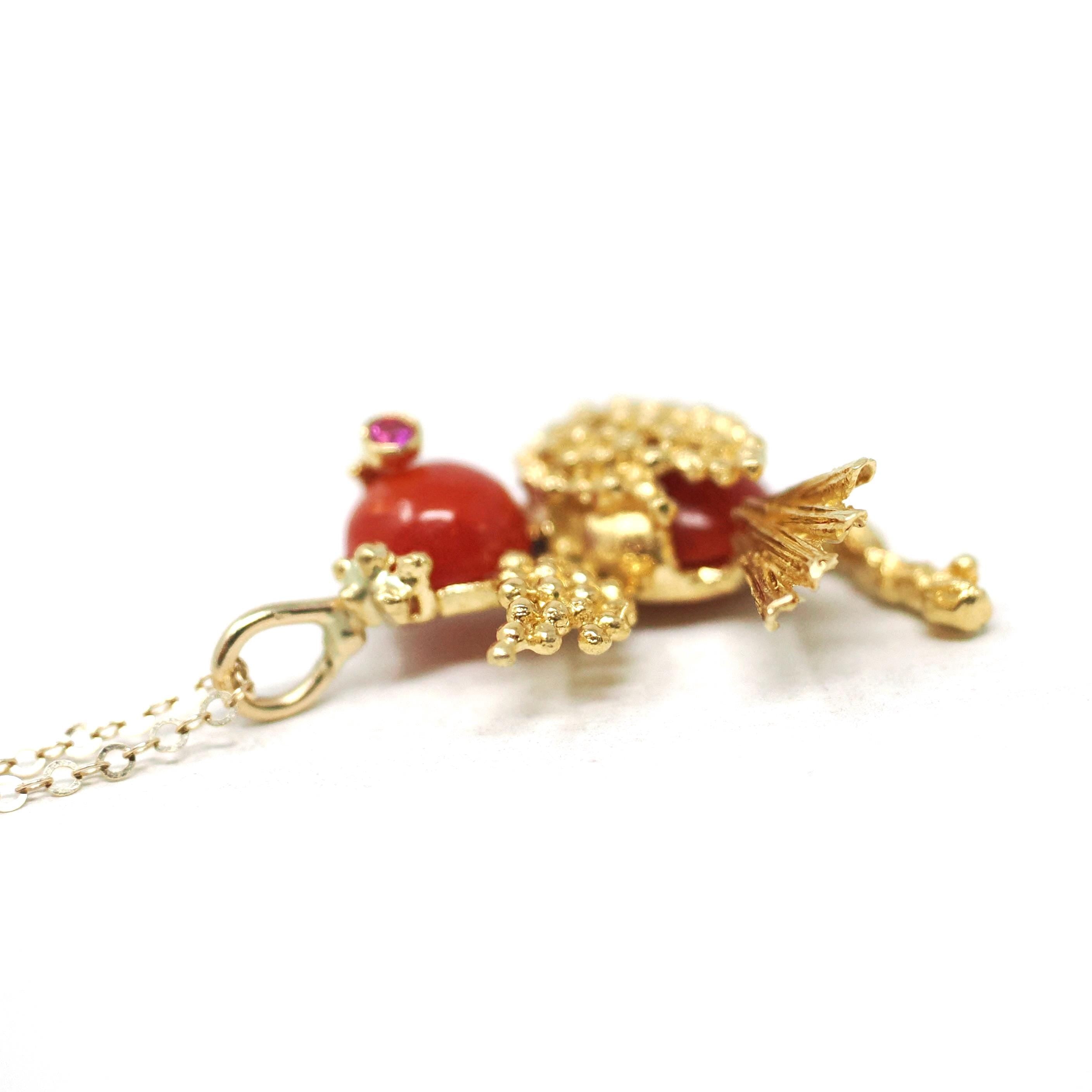 Vintage Tanager Pendant - Retro Era 18k Yellow Gold Figural Avian Coral Charm Necklace - Circa 1970s Ruby Eyes Fine Dainty Bird Fine Jewelry