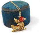 Vintage Tanager Pendant - Retro Era 18k Yellow Gold Figural Avian Coral Charm Necklace - Circa 1970s Ruby Eyes Fine Dainty Bird Fine Jewelry