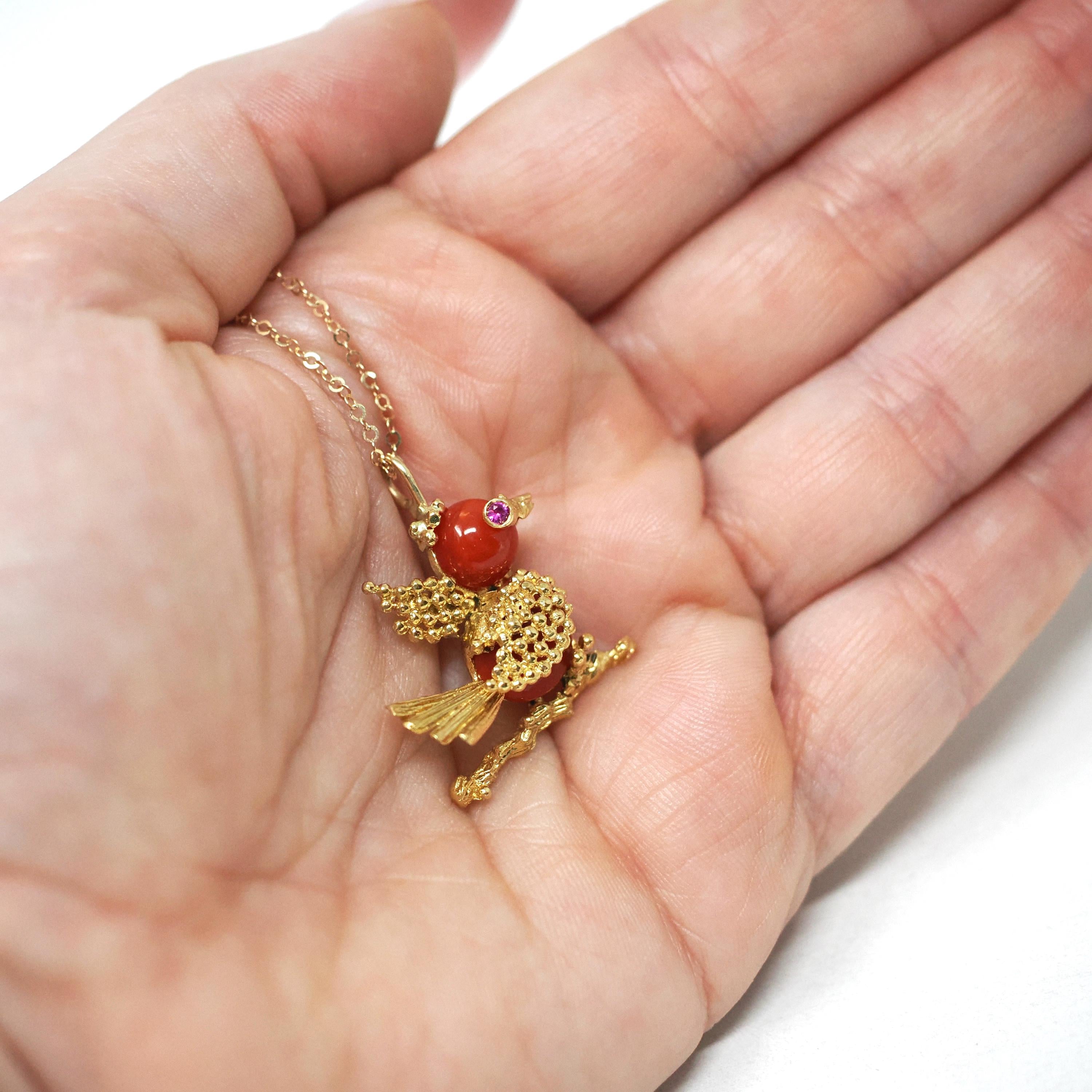 Vintage Tanager Pendant - Retro Era 18k Yellow Gold Figural Avian Coral Charm Necklace - Circa 1970s Ruby Eyes Fine Dainty Bird Fine Jewelry