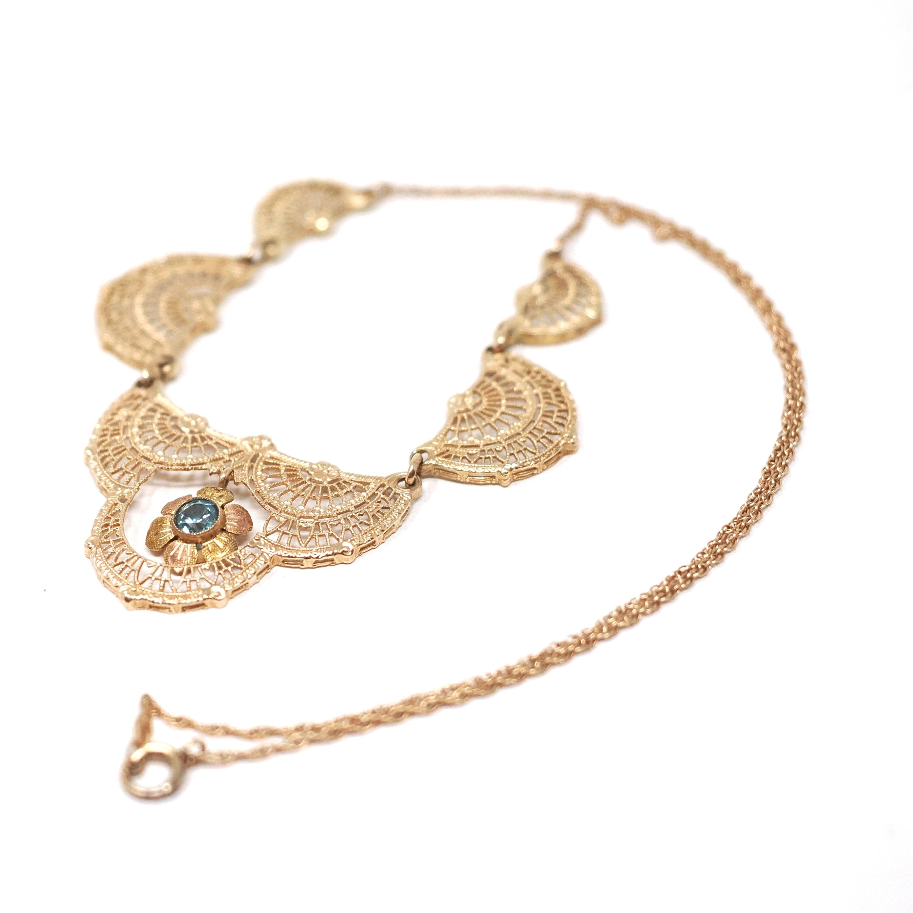 Vintage Filigree Necklace - Mid Century 10k Yellow Gold Natural Blue Zircon Panel Festoon - Early 1940s Deco Style Graduated Fine Jewelry