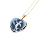 Cupid Heart Pendant - Estate 14k Yellow Gold Carved Black & White Onyx Cherub Bow Charm Necklace - Modern Circa 2000s Era Love Fine Jewelry