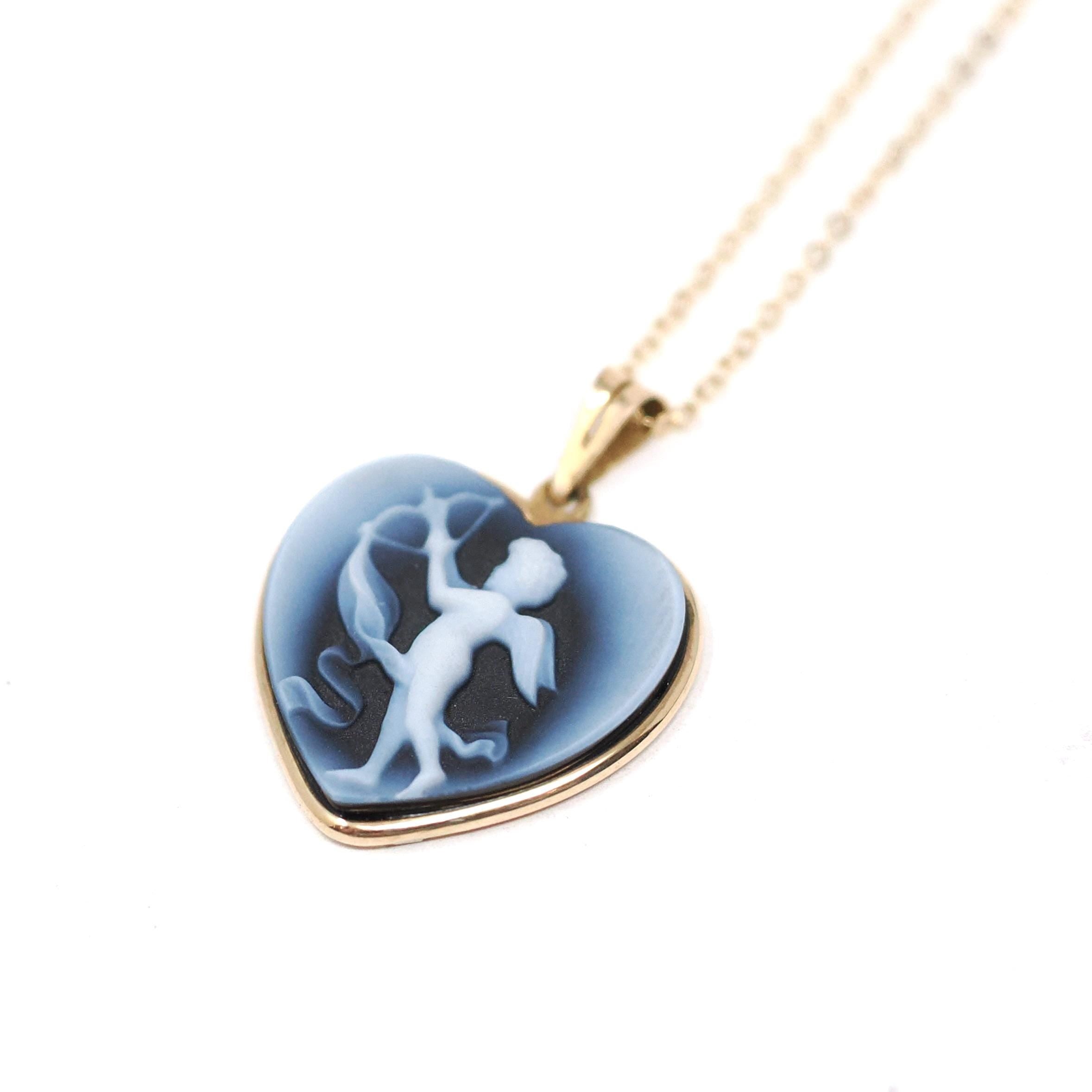 Cupid Heart Pendant - Estate 14k Yellow Gold Carved Black & White Onyx Cherub Bow Charm Necklace - Modern Circa 2000s Era Love Fine Jewelry