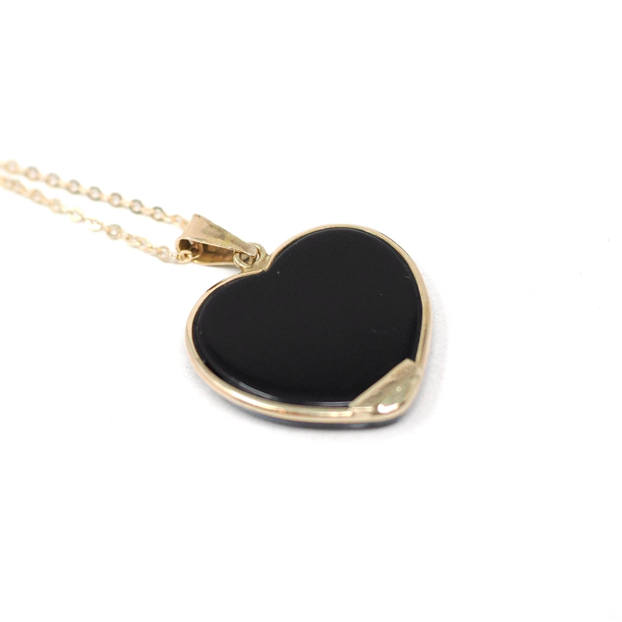 Cupid Heart Pendant - Estate 14k Yellow Gold Carved Black & White Onyx Cherub Bow Charm Necklace - Modern Circa 2000s Era Love Fine Jewelry