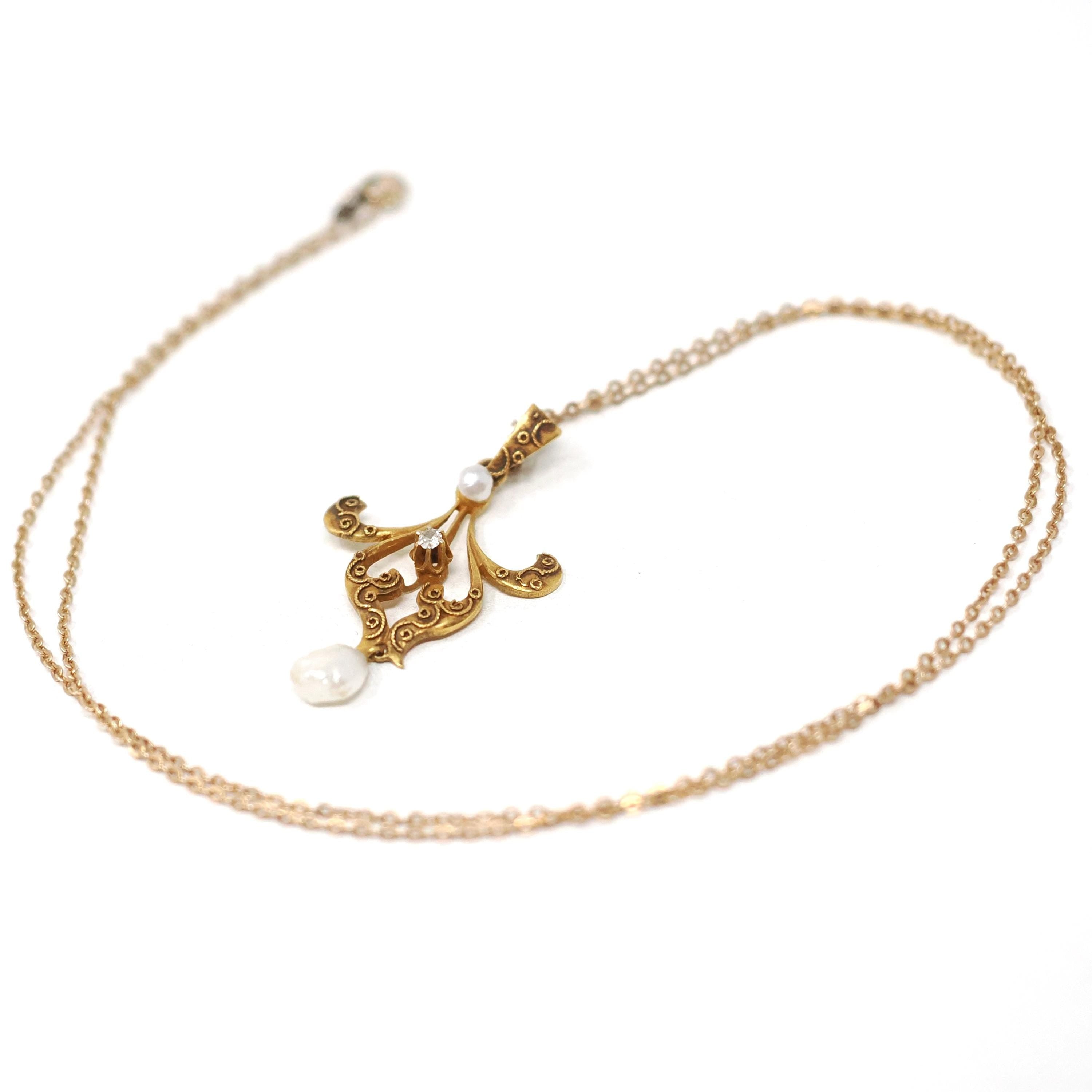 Antique Lavalier Pendant - Vintage 10k Yellow Gold Natural Diamond Baroque Seed Pearl Charm Necklace - Edwardian Circa 1910 Era Fine Jewelry