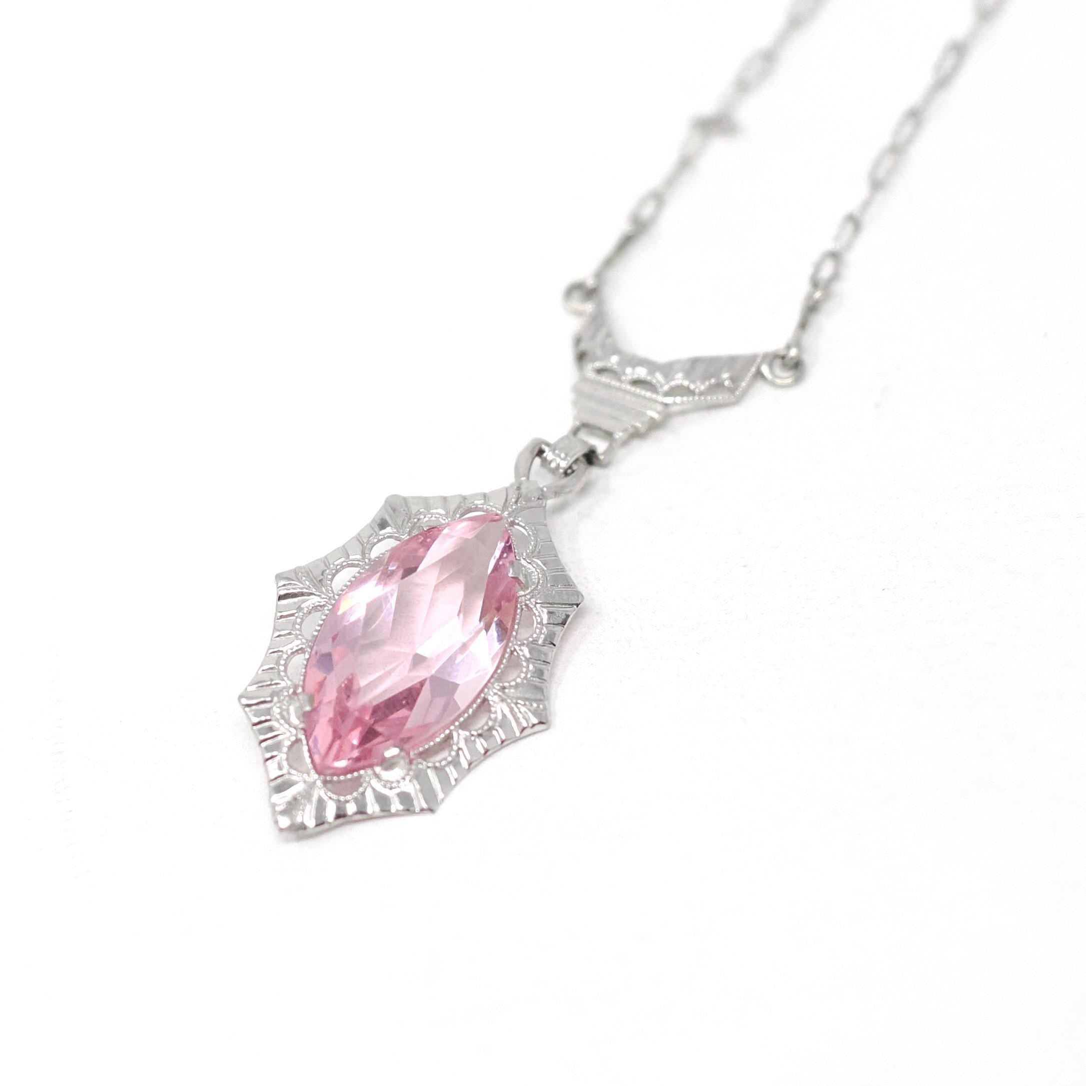 Art Deco Lavalier - Vintage 10k White Gold Simulated Pink Sapphire Necklace Pendant Charm - Circa 1930s Era Glass Marquise Fine 30s Jewelry