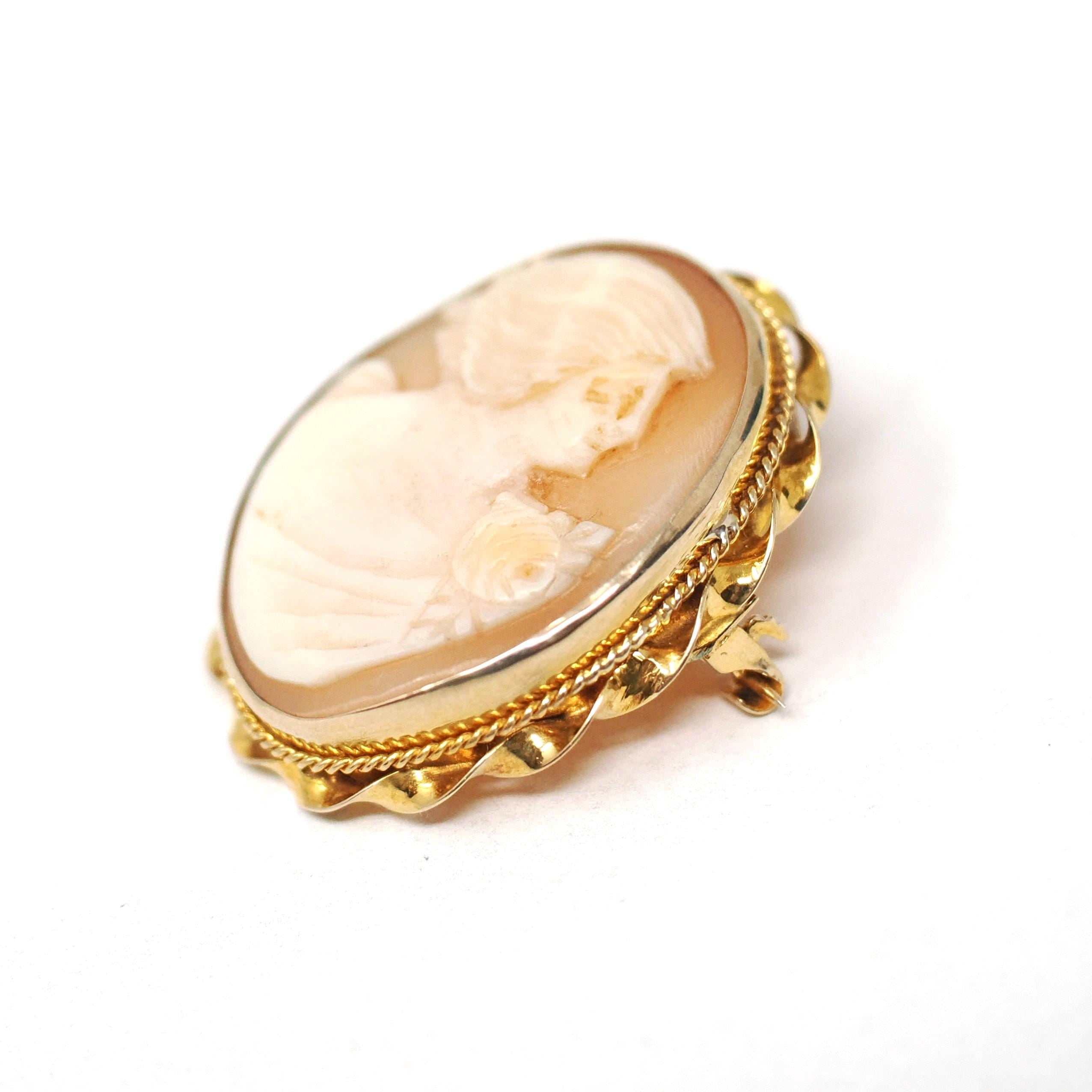 Vintage Cameo Brooch - Retro 10k Yellow Gold Oval Carved Shell Women's Bust Pin - Circa 1940s Era Statement Fashion Accessory Fine Jewelry