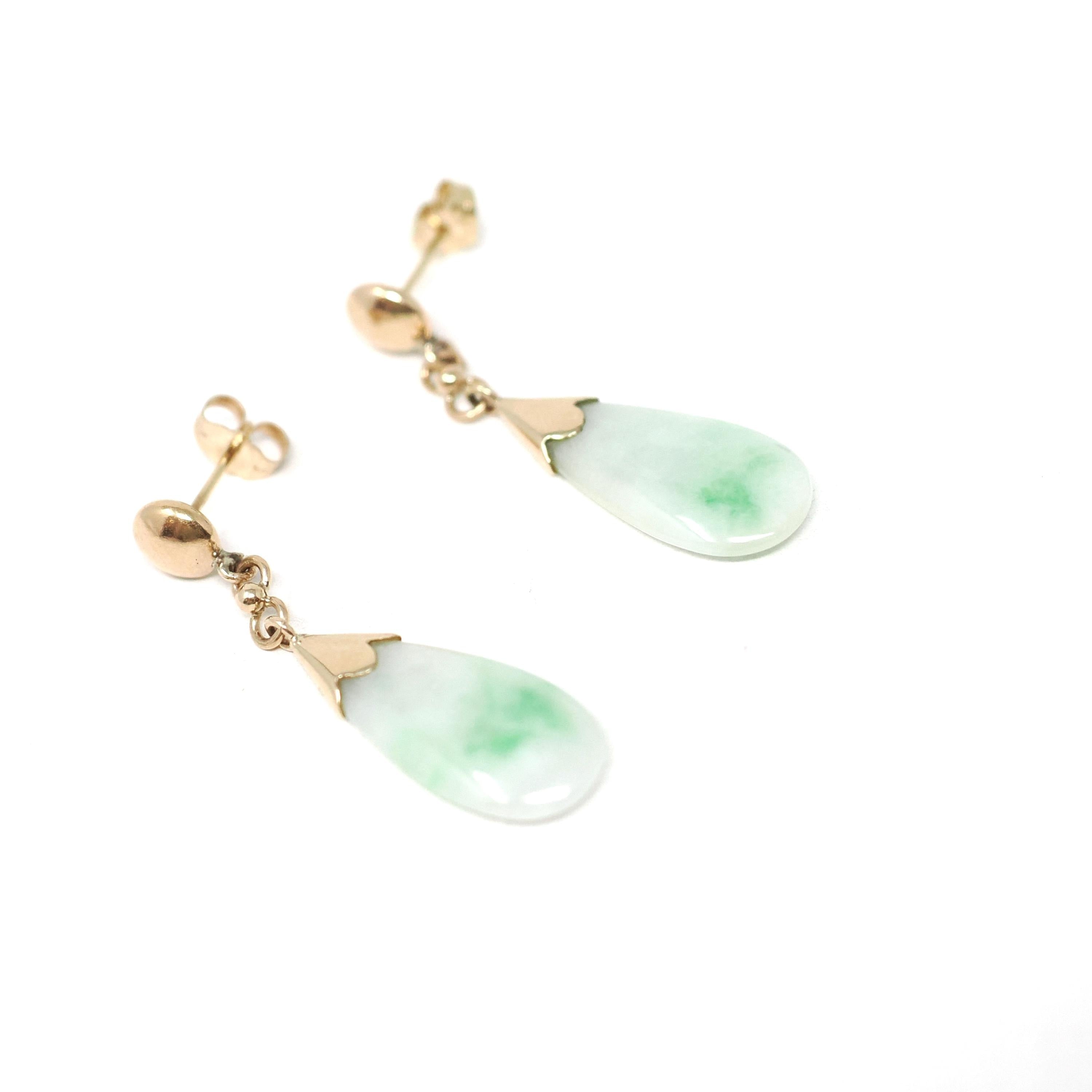 Jadeite Drop Earrings - Vintage 14k Yellow Gold Natural Teardrop Gem Drops - Light Green Circa 1960s Era Pierced Friction Post Fine Jewelry