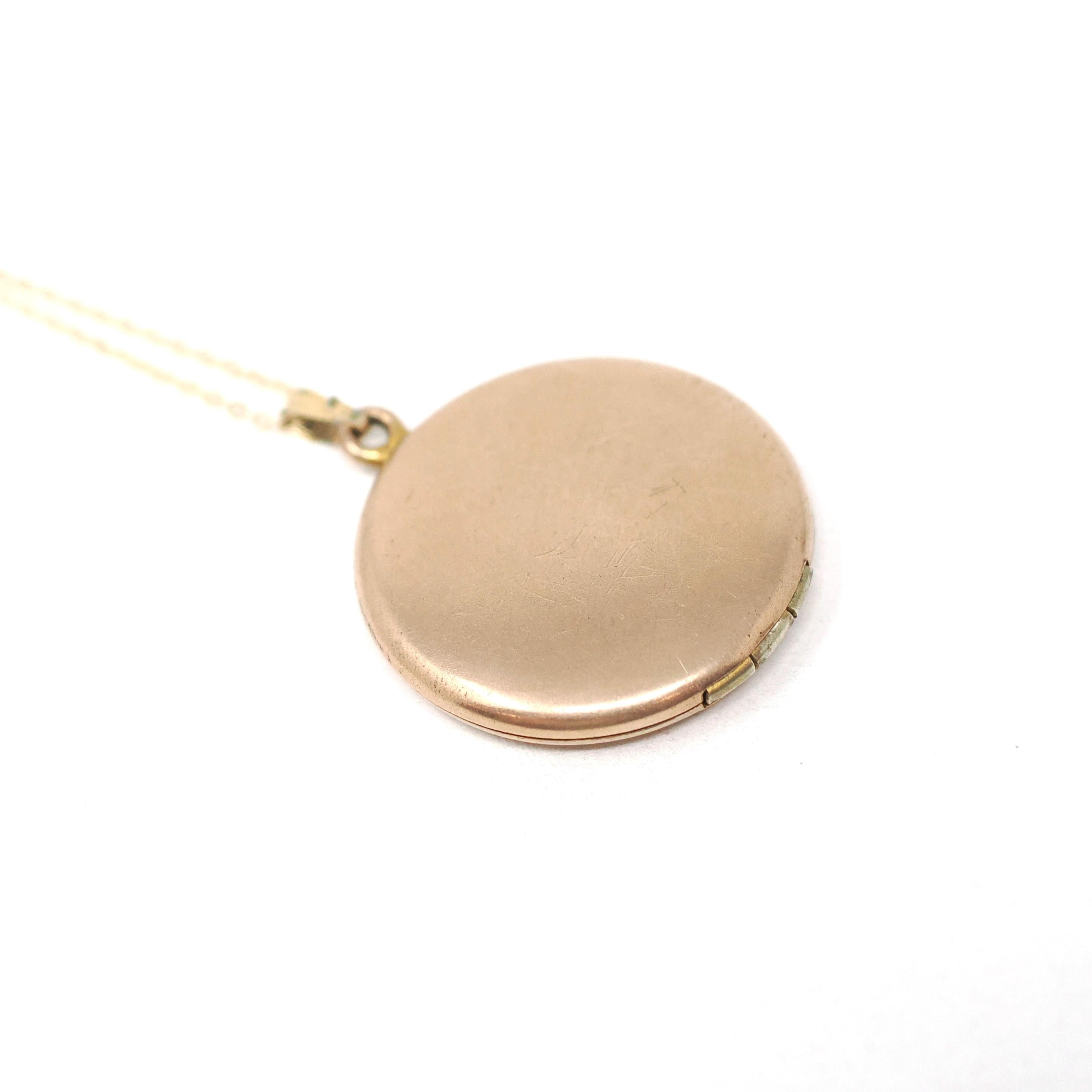 Antique Flower Locket - Edwardian Gold Filled Rhinestones Pendant Necklace - Circa 1900s Era Round Engraved Photograph Statement Jewelry