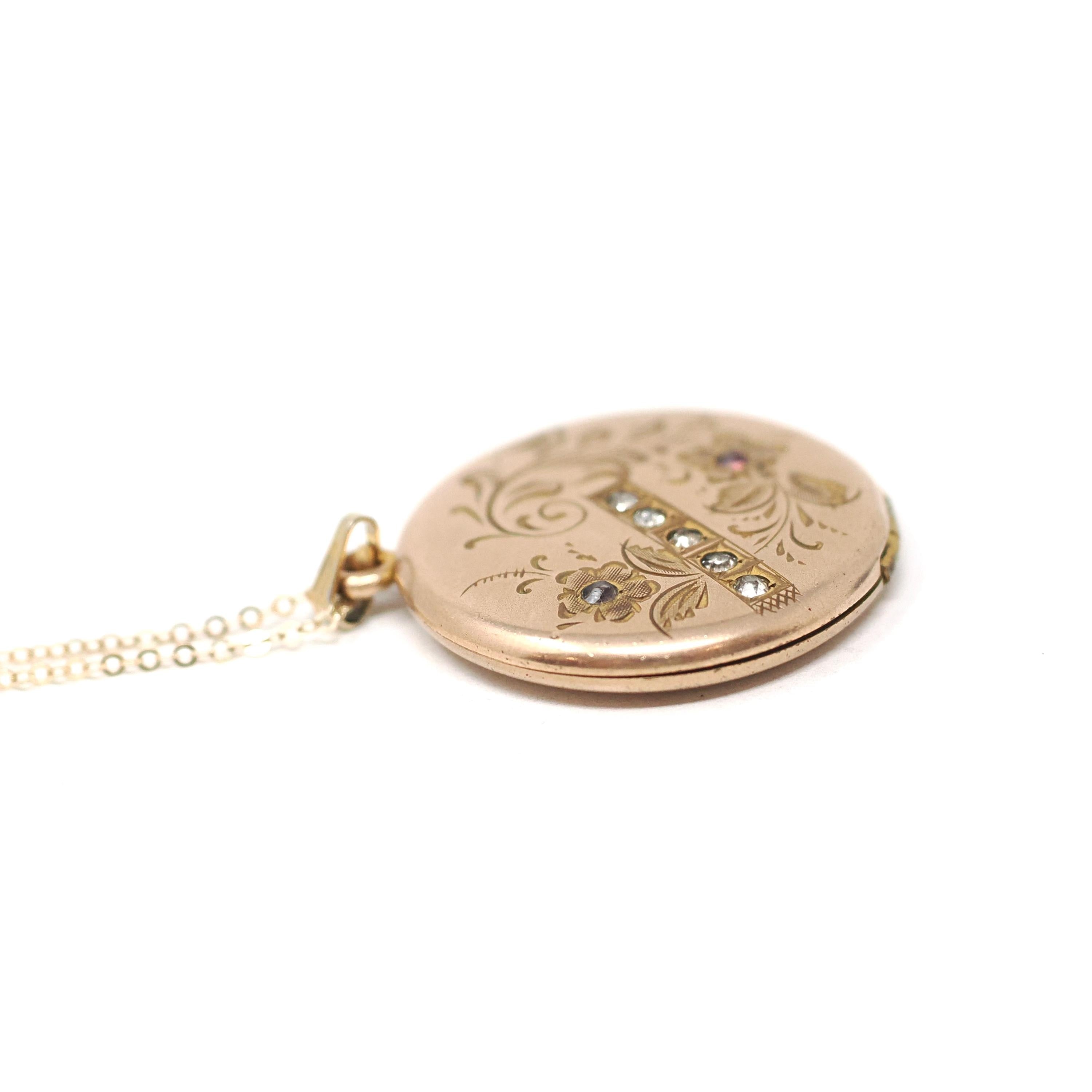 Antique Flower Locket - Edwardian Gold Filled Rhinestones Pendant Necklace - Circa 1900s Era Round Engraved Photograph Statement Jewelry