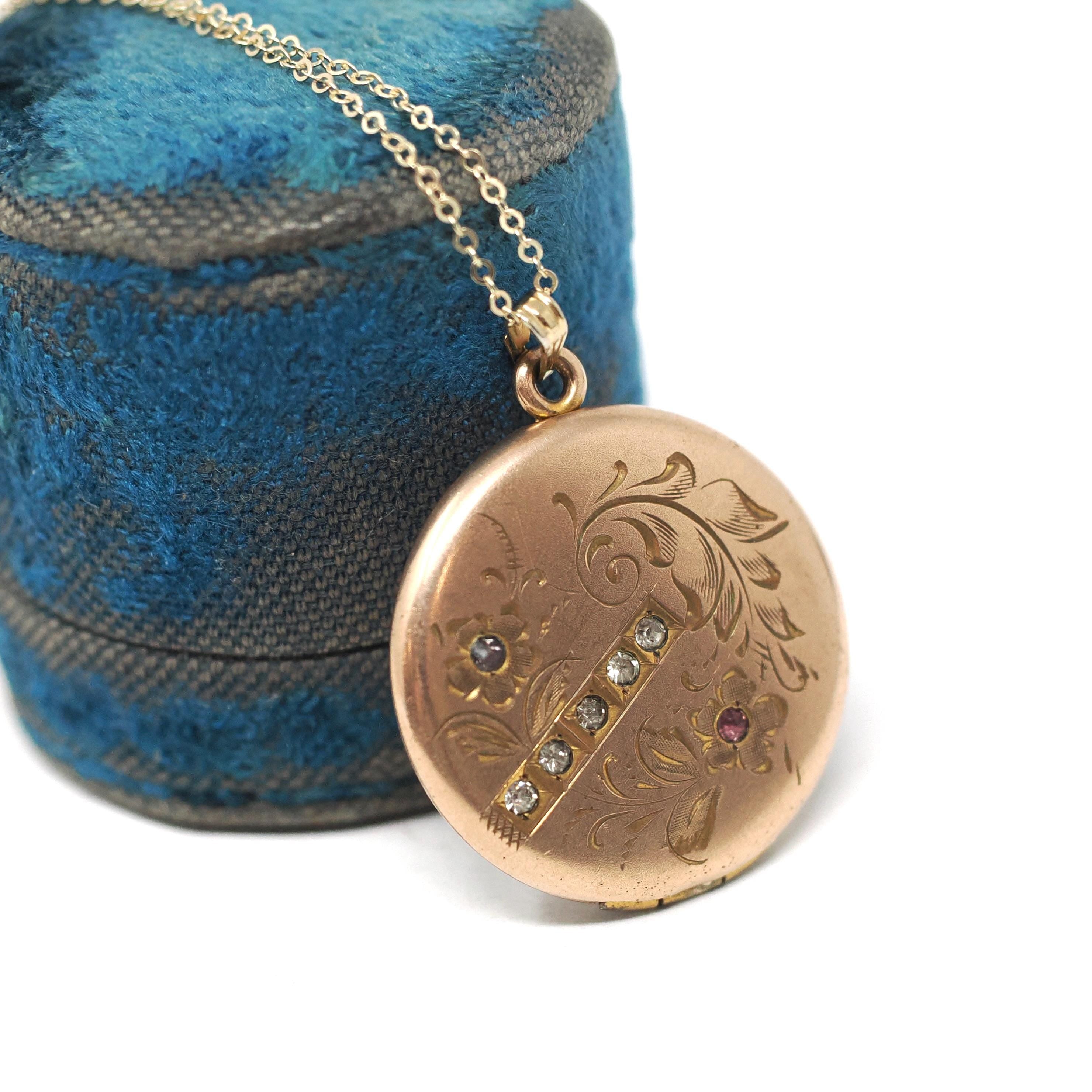 Antique Flower Locket - Edwardian Gold Filled Rhinestones Pendant Necklace - Circa 1900s Era Round Engraved Photograph Statement Jewelry