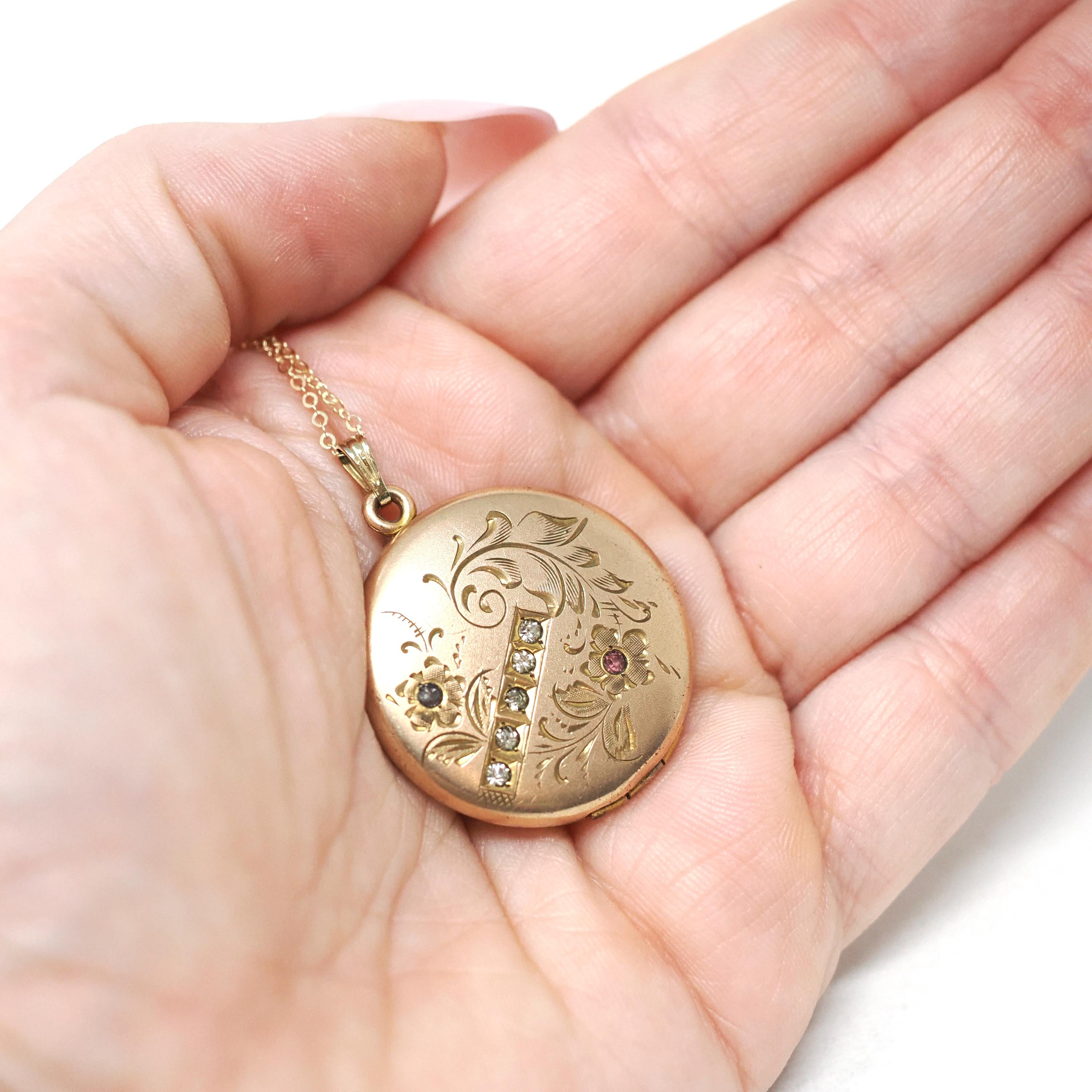 Antique Flower Locket - Edwardian Gold Filled Rhinestones Pendant Necklace - Circa 1900s Era Round Engraved Photograph Statement Jewelry