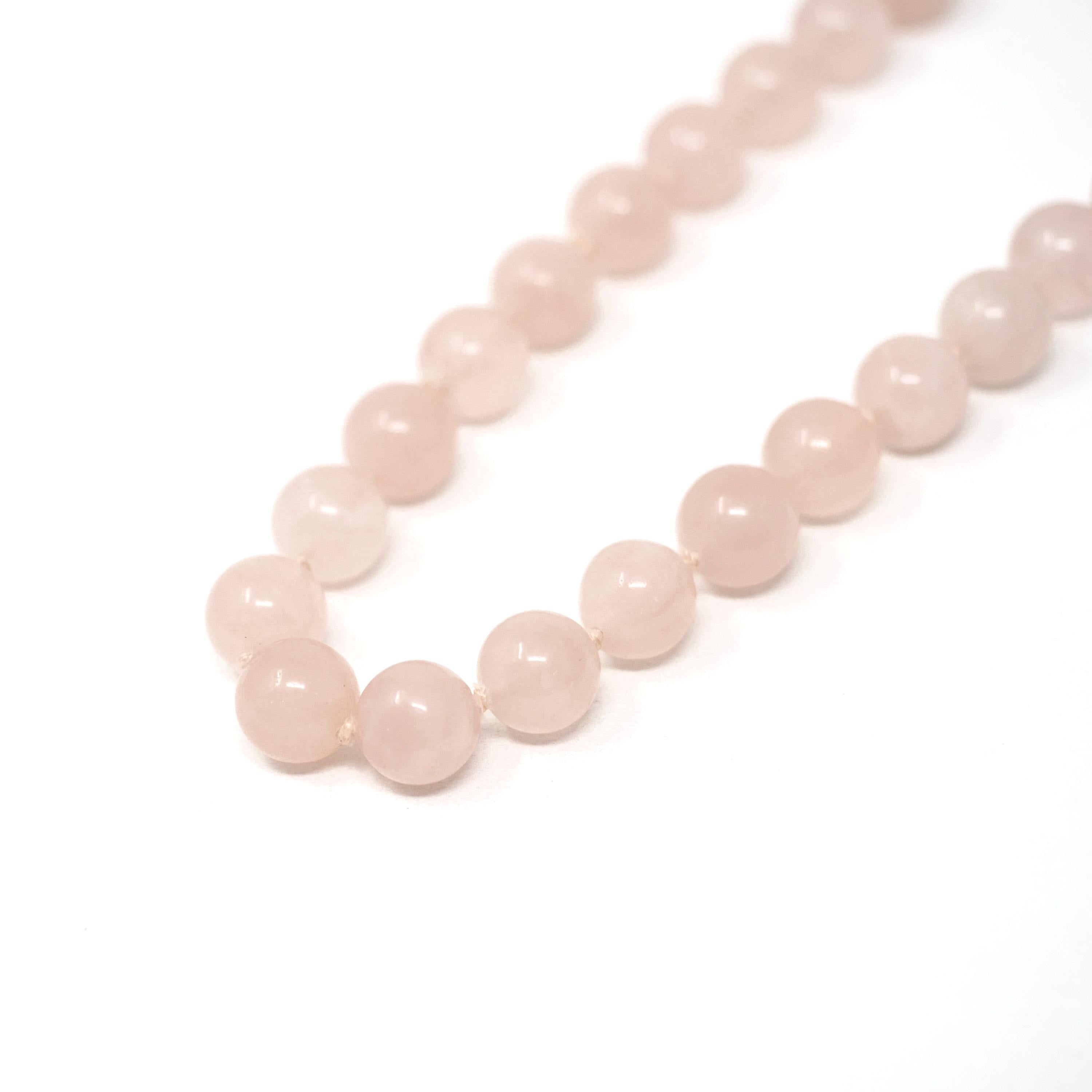 Rose Quartz Necklace - Modern Estate Natural 12.2MM Round Pink Quartz Bead Strand - Circa 2000s Individual Knotted Silk Healing Love Jewelry