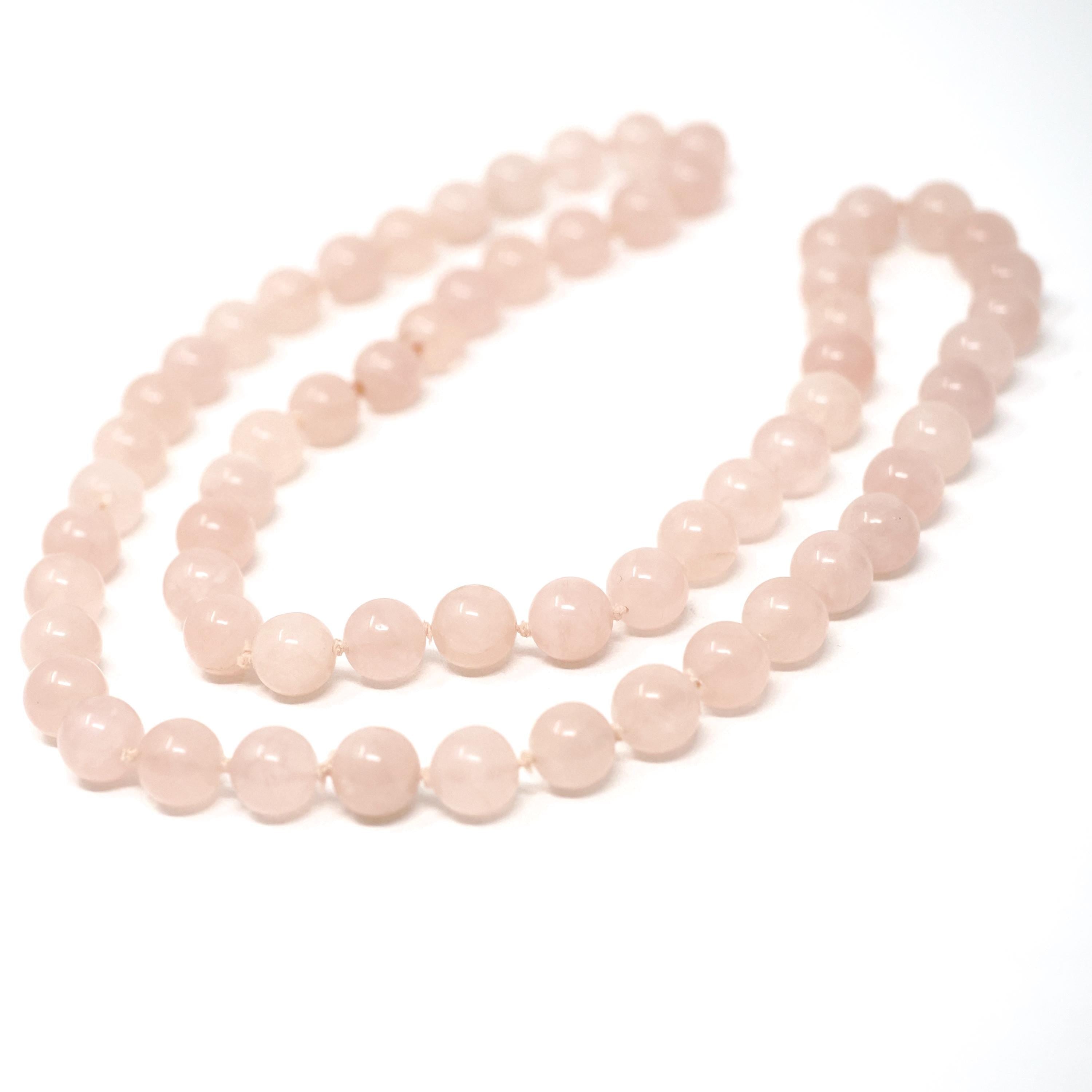 Rose Quartz Necklace - Modern Estate Natural 12.2MM Round Pink Quartz Bead Strand - Circa 2000s Individual Knotted Silk Healing Love Jewelry