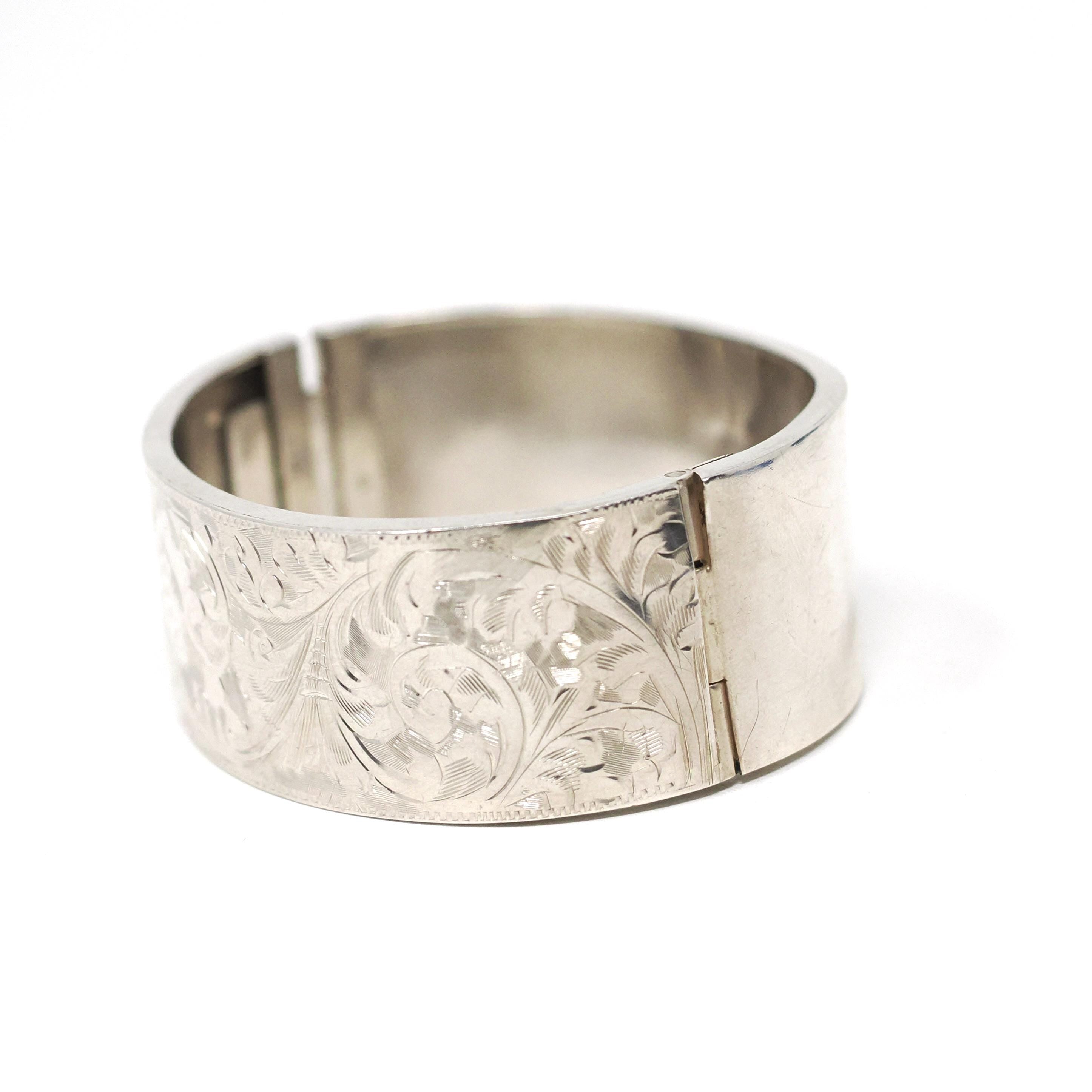 Antique Floral Bangle - Art Deco Sterling Silver Engraved Nature Leaf Designs - Hallmarked 1920 Wide Stacking Hinged Birmingham Jewelry