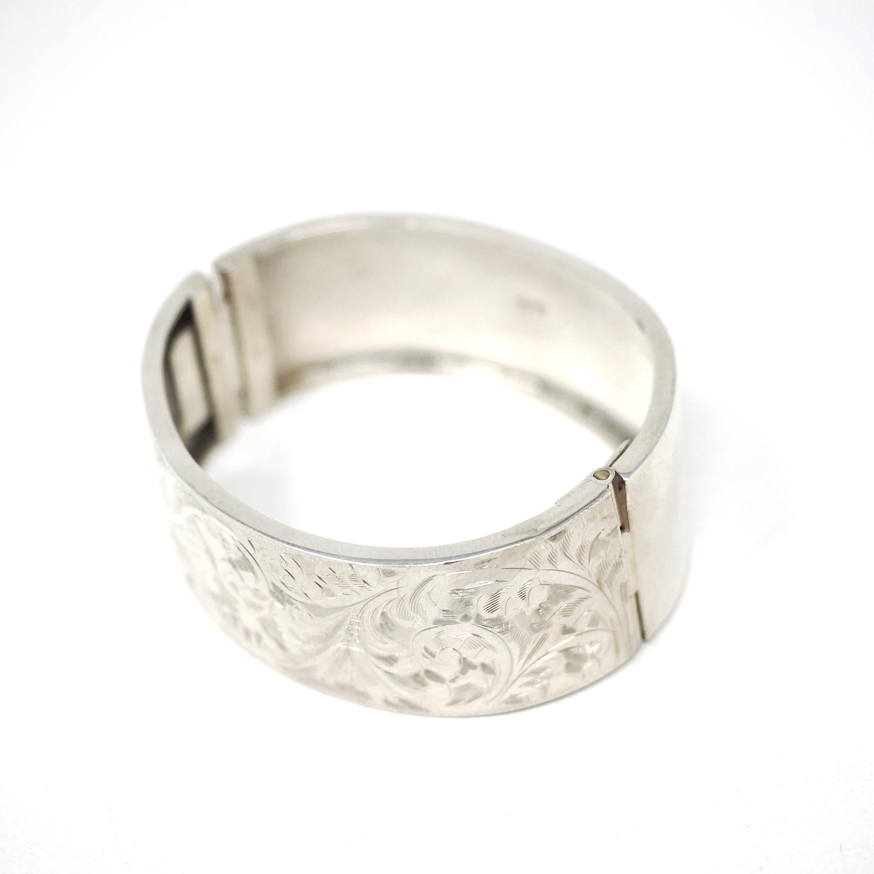 Antique Floral Bangle - Art Deco Sterling Silver Engraved Nature Leaf Designs - Hallmarked 1920 Wide Stacking Hinged Birmingham Jewelry